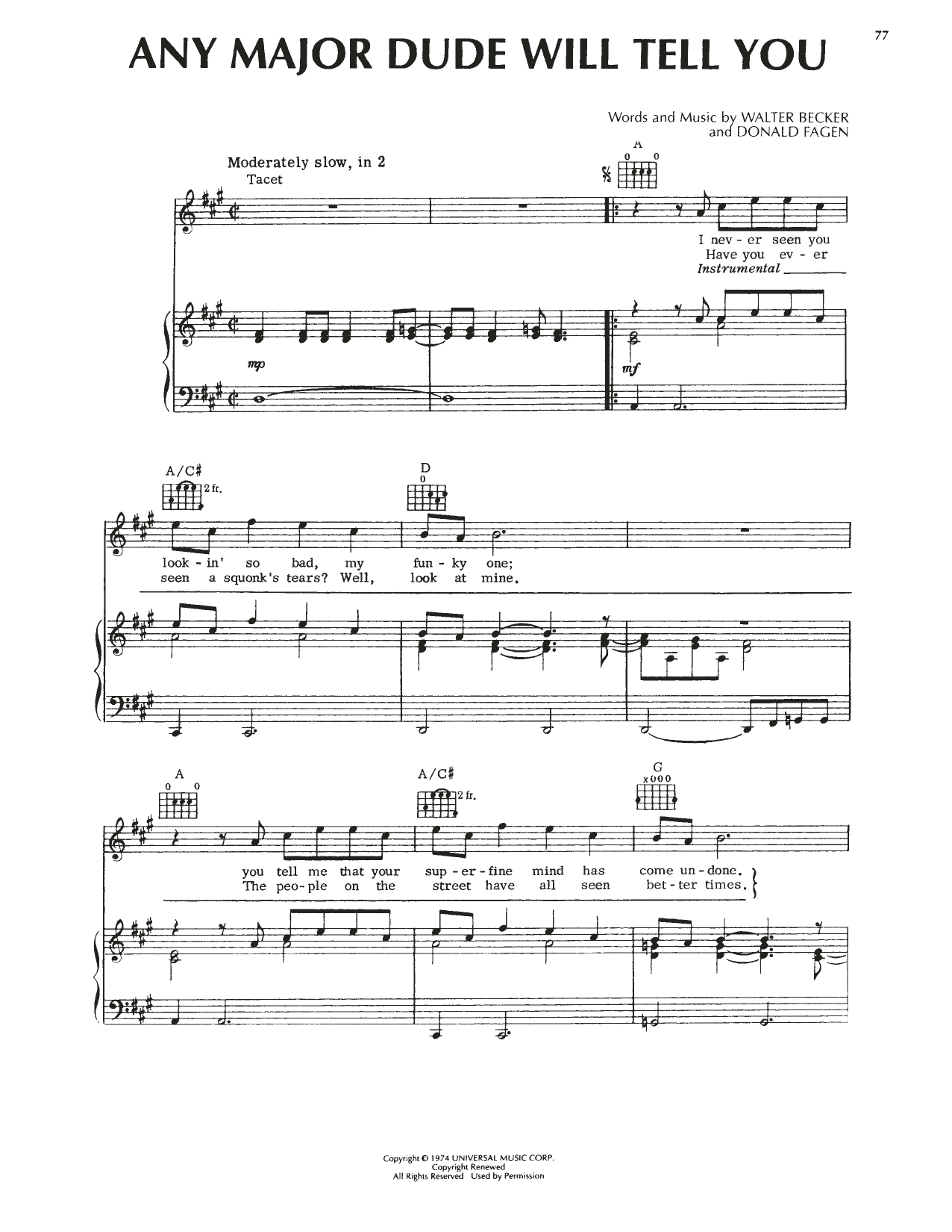 Download Steely Dan Any Major Dude Will Tell You Sheet Music