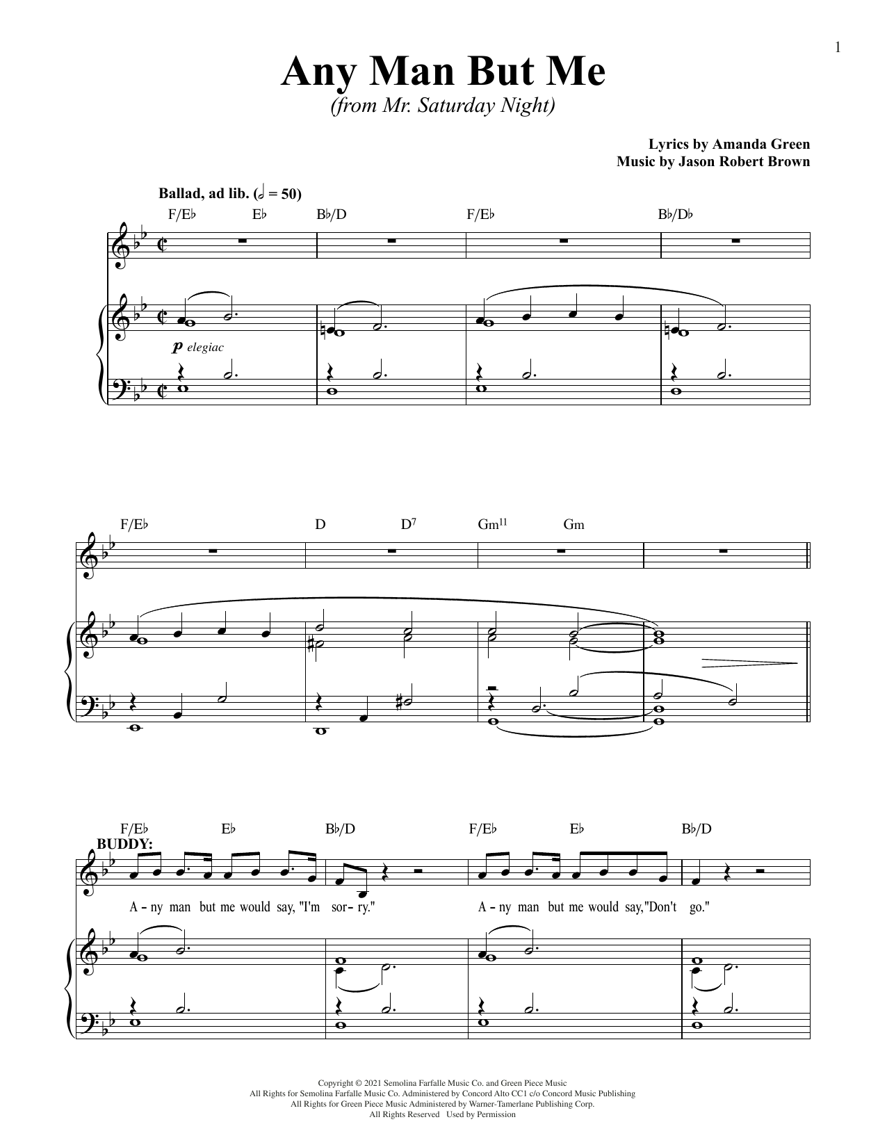 Jason Robert Brown and Amanda Green Any Man But Me (from Mr. Saturday Night) sheet music notes printable PDF score