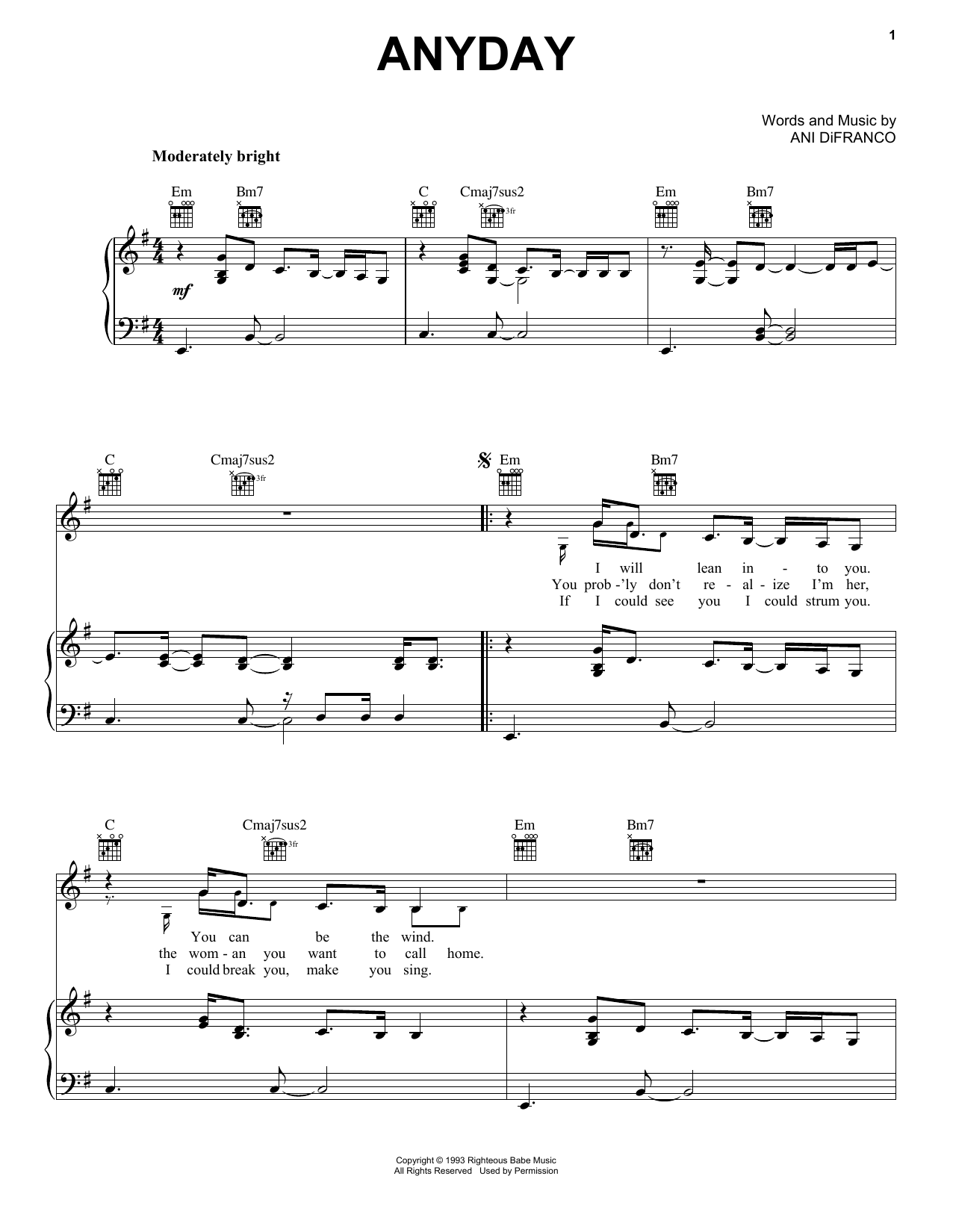 Download Ani DiFranco Anyday Sheet Music