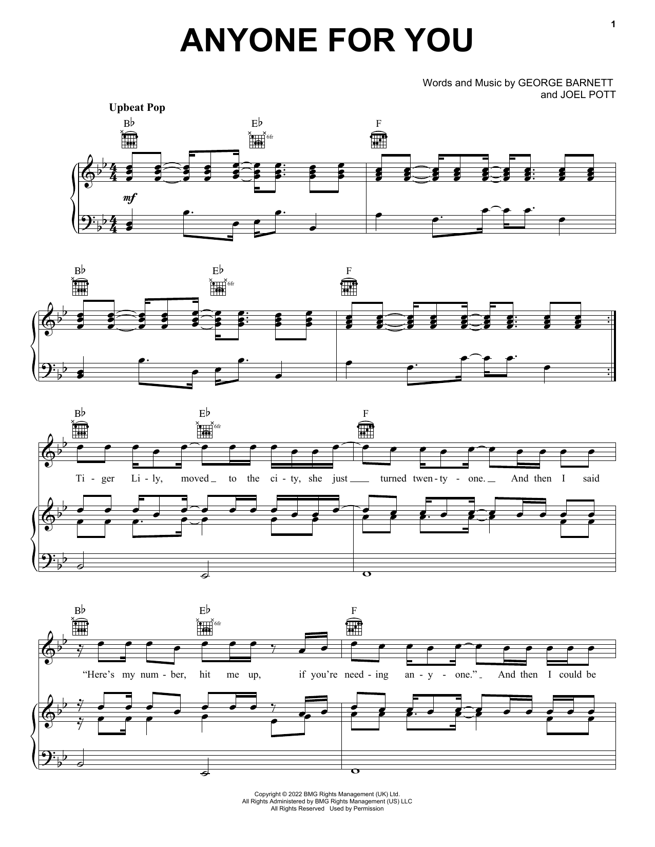 Download George Ezra Anyone For You (Tiger Lily) Sheet Music