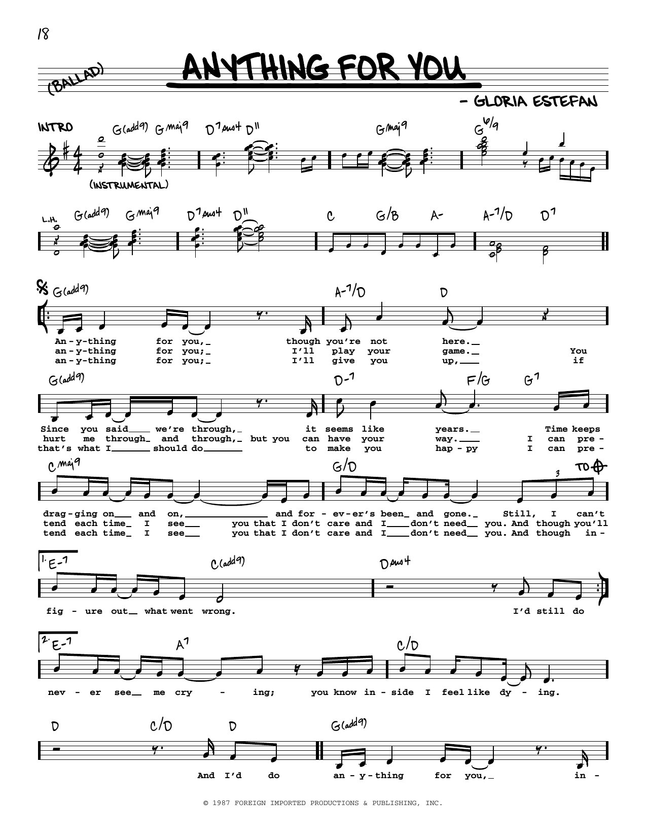 Download Gloria Estefan Anything For You Sheet Music