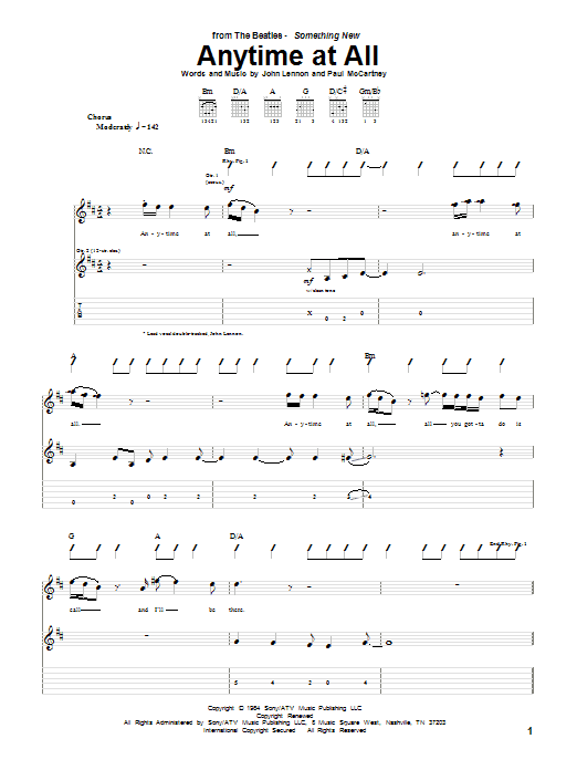 Download The Beatles Anytime At All Sheet Music