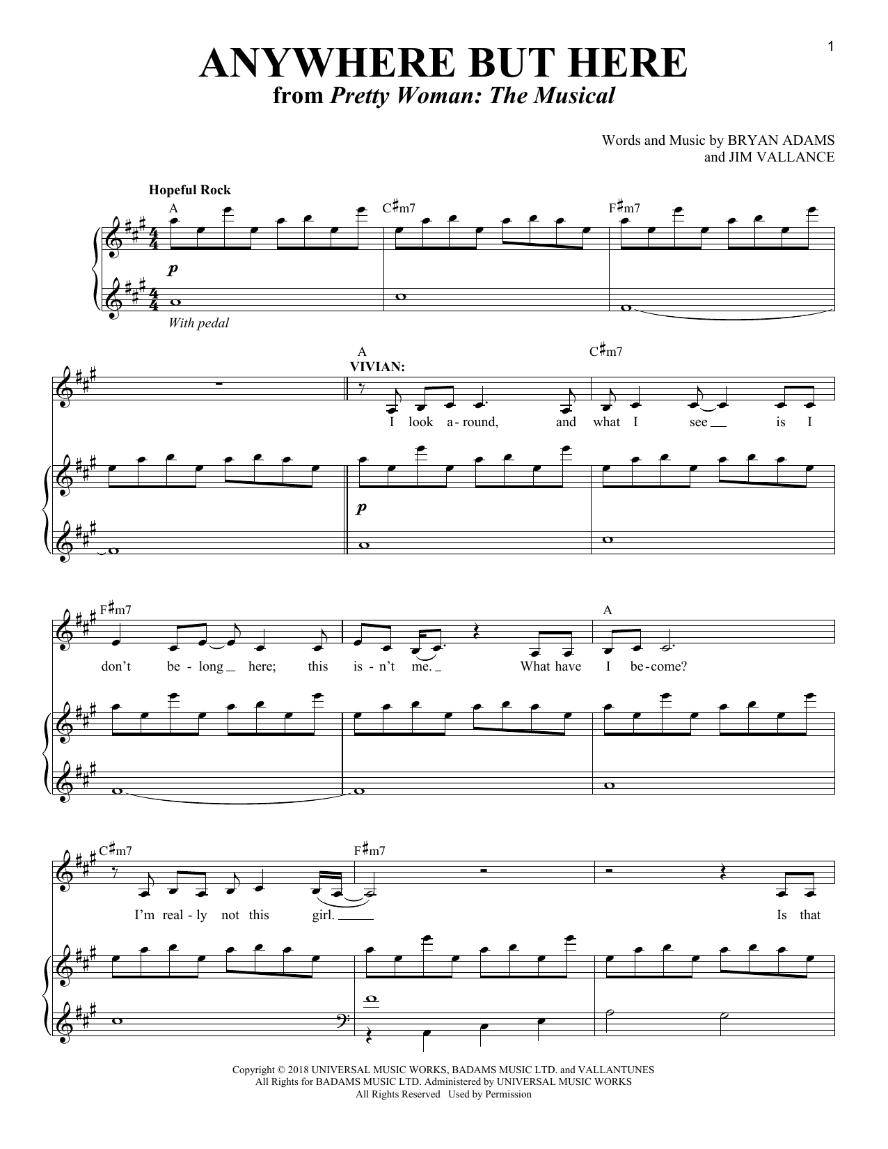 Download Bryan Adams & Jim Vallance Anywhere But Here (from Pretty Woman: T Sheet Music