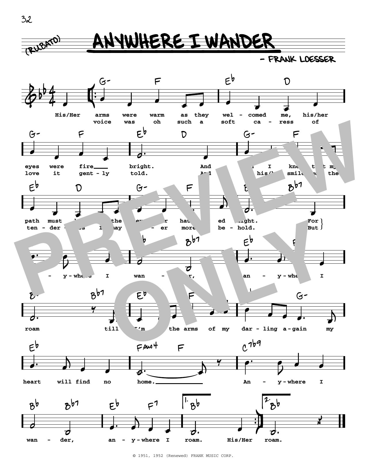 Download Frank Loesser Anywhere I Wander (Low Voice) Sheet Music