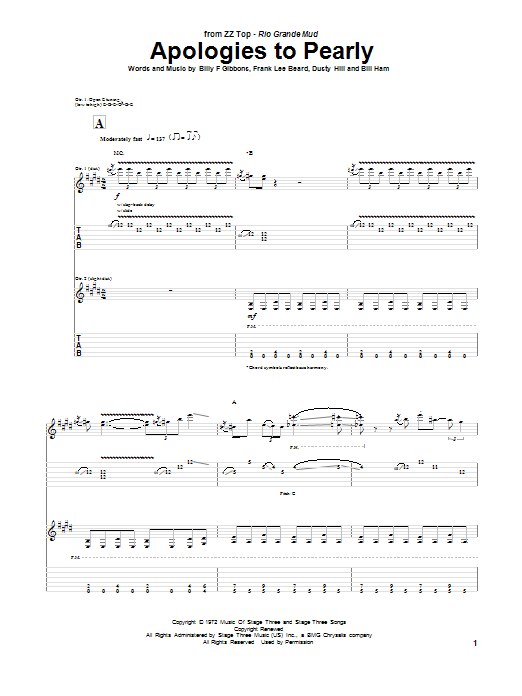 Download ZZ Top Apologies To Pearly Sheet Music