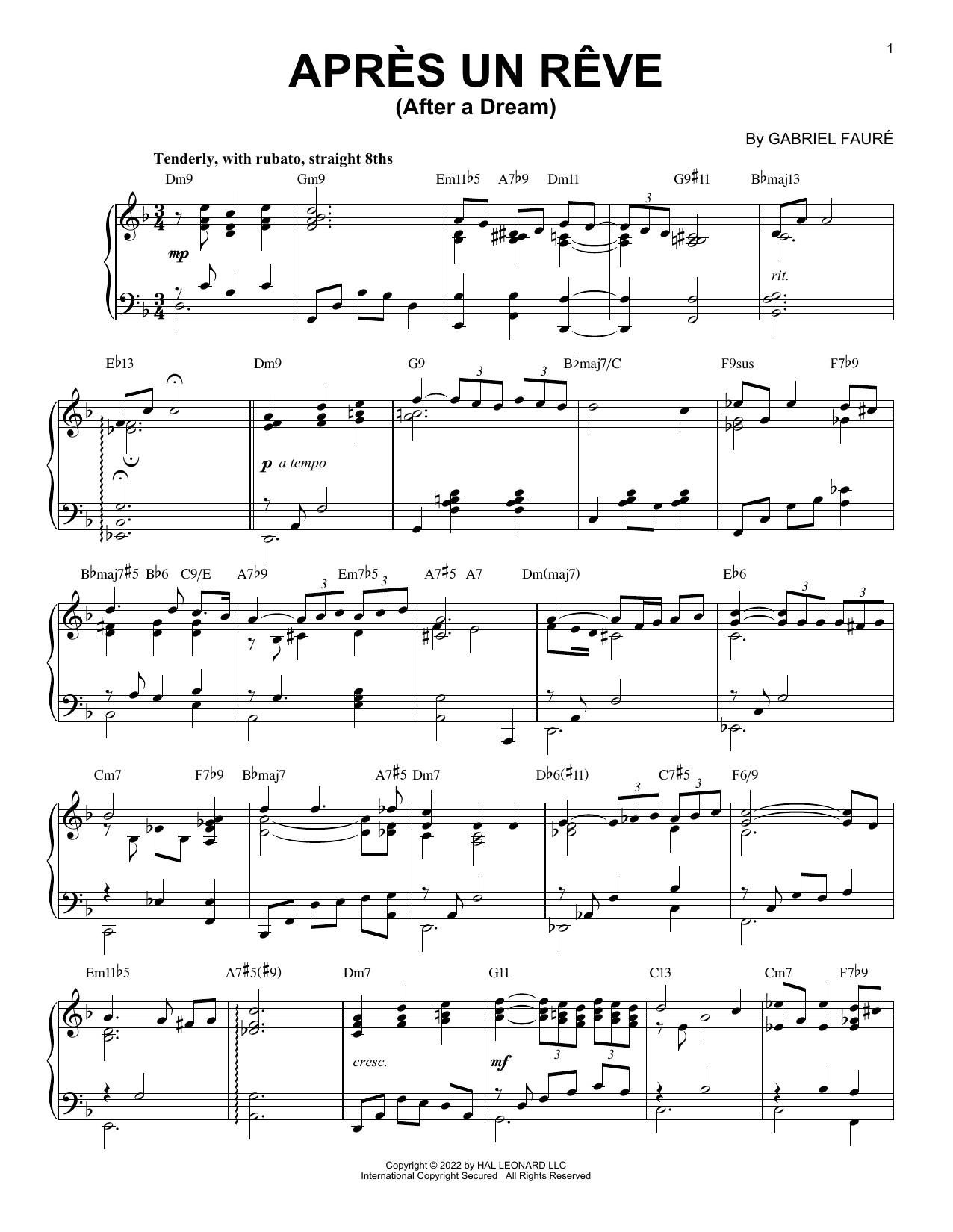 Download Gabriel Faure Apres Un Reve [Jazz version] (arr. Bren Sheet Music