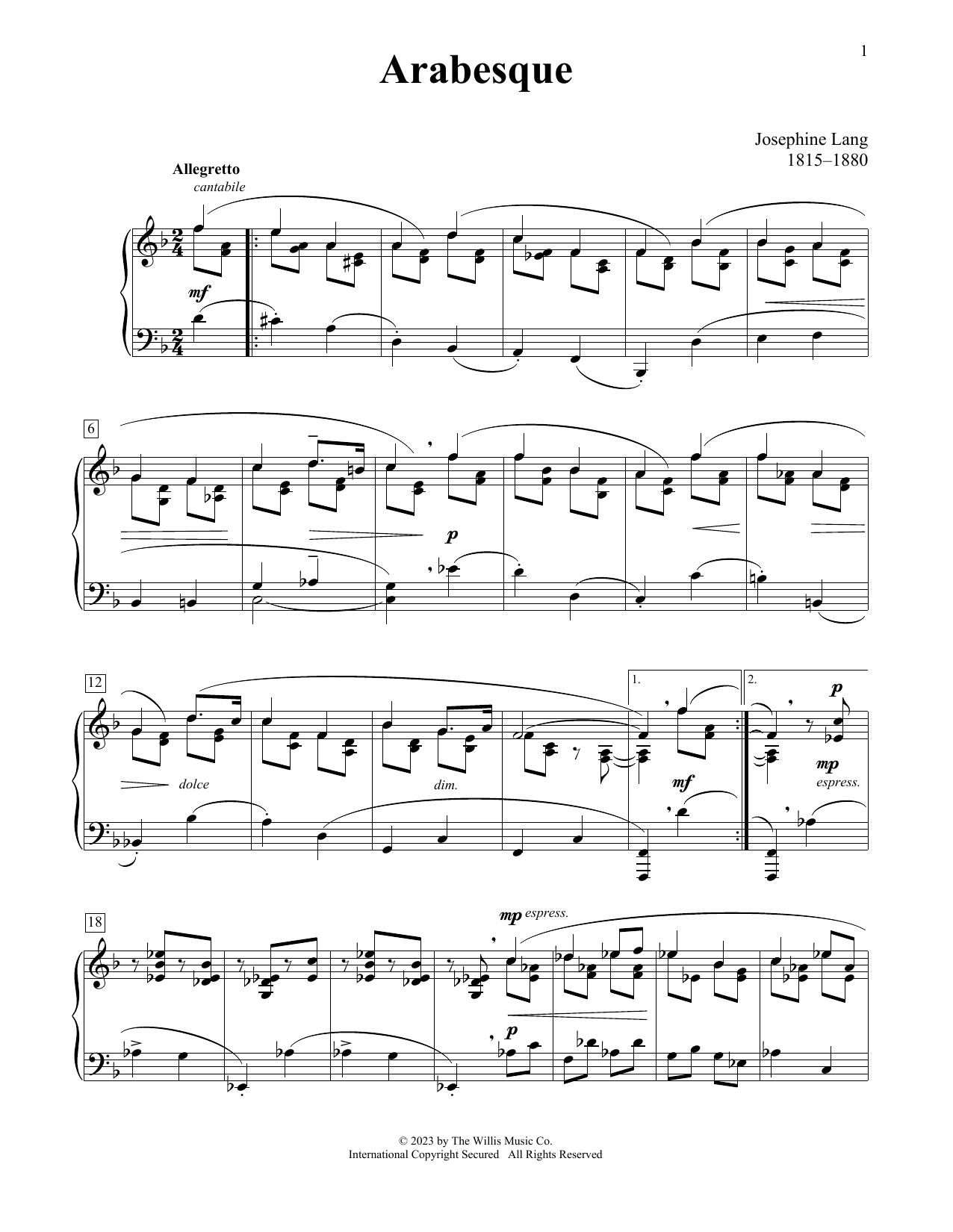 Josephine Lang Arabesque sheet music notes printable PDF score