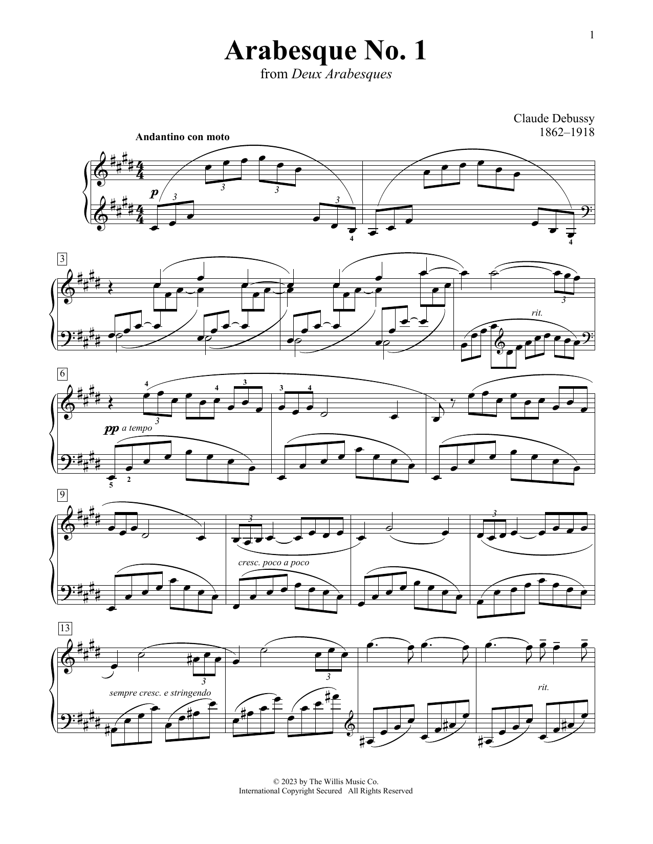 Claude Debussy Arabesque No. 1 sheet music notes printable PDF score