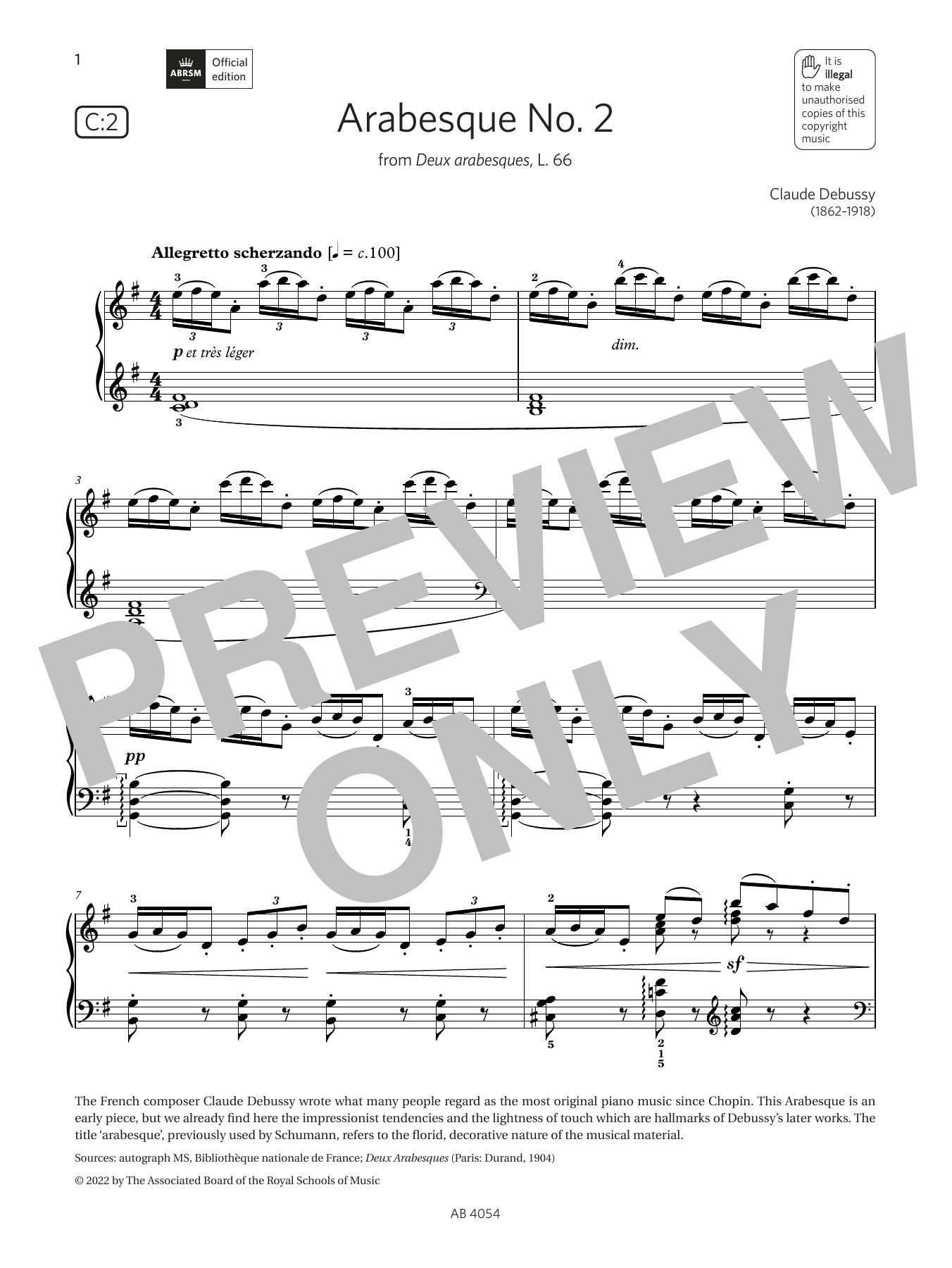 Download Claude Debussy Arabesque No. 2 (Grade 8, list C2, from Sheet Music