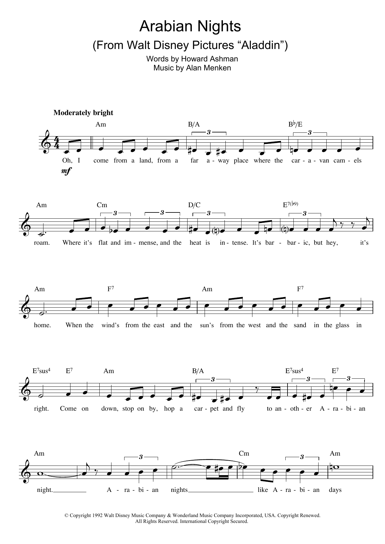 Alan Menken Arabian Nights (from Aladdin) sheet music notes printable PDF score