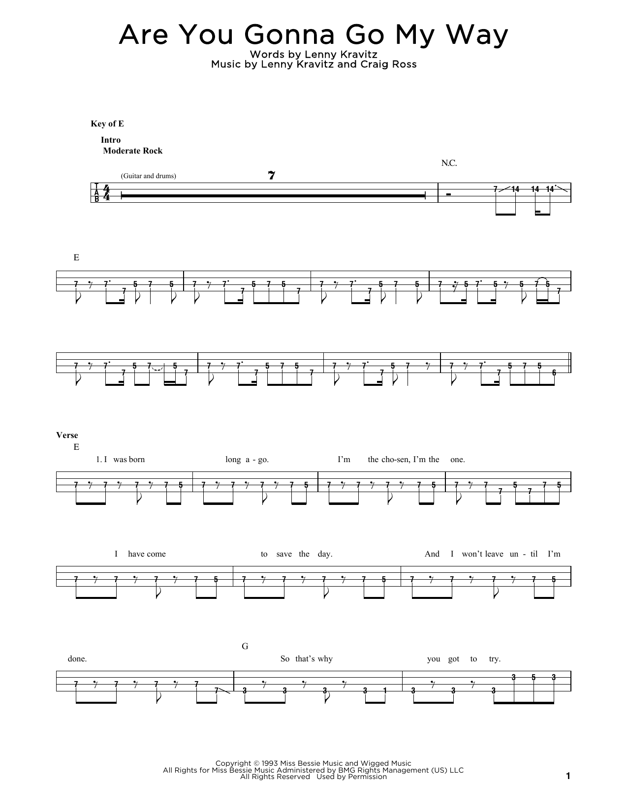 Download Lenny Kravitz Are You Gonna Go My Way Sheet Music