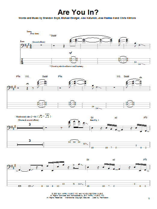 Incubus Are You In? sheet music notes printable PDF score
