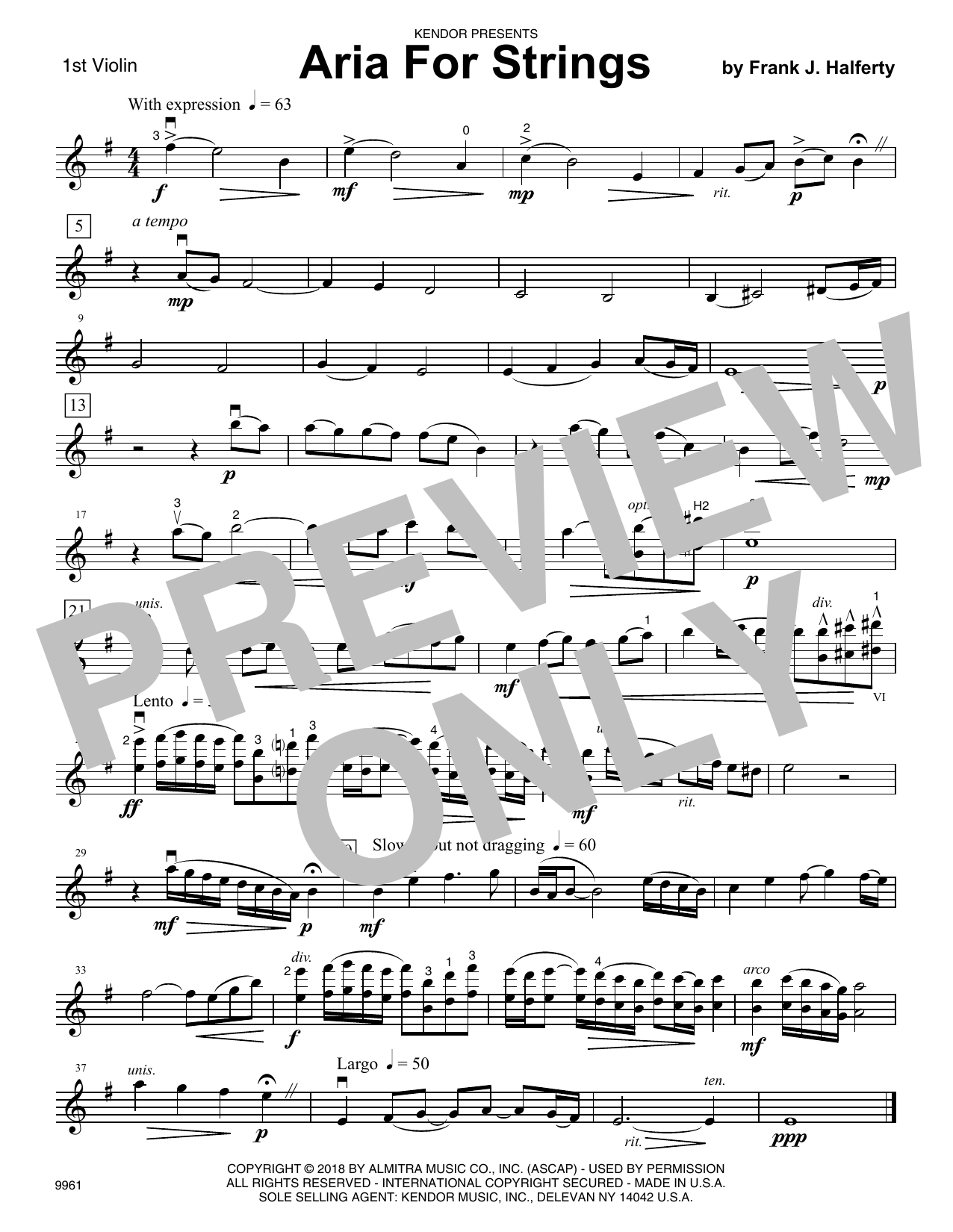 Download Frank J. Halferty Aria For Strings - 1st Violin Sheet Music