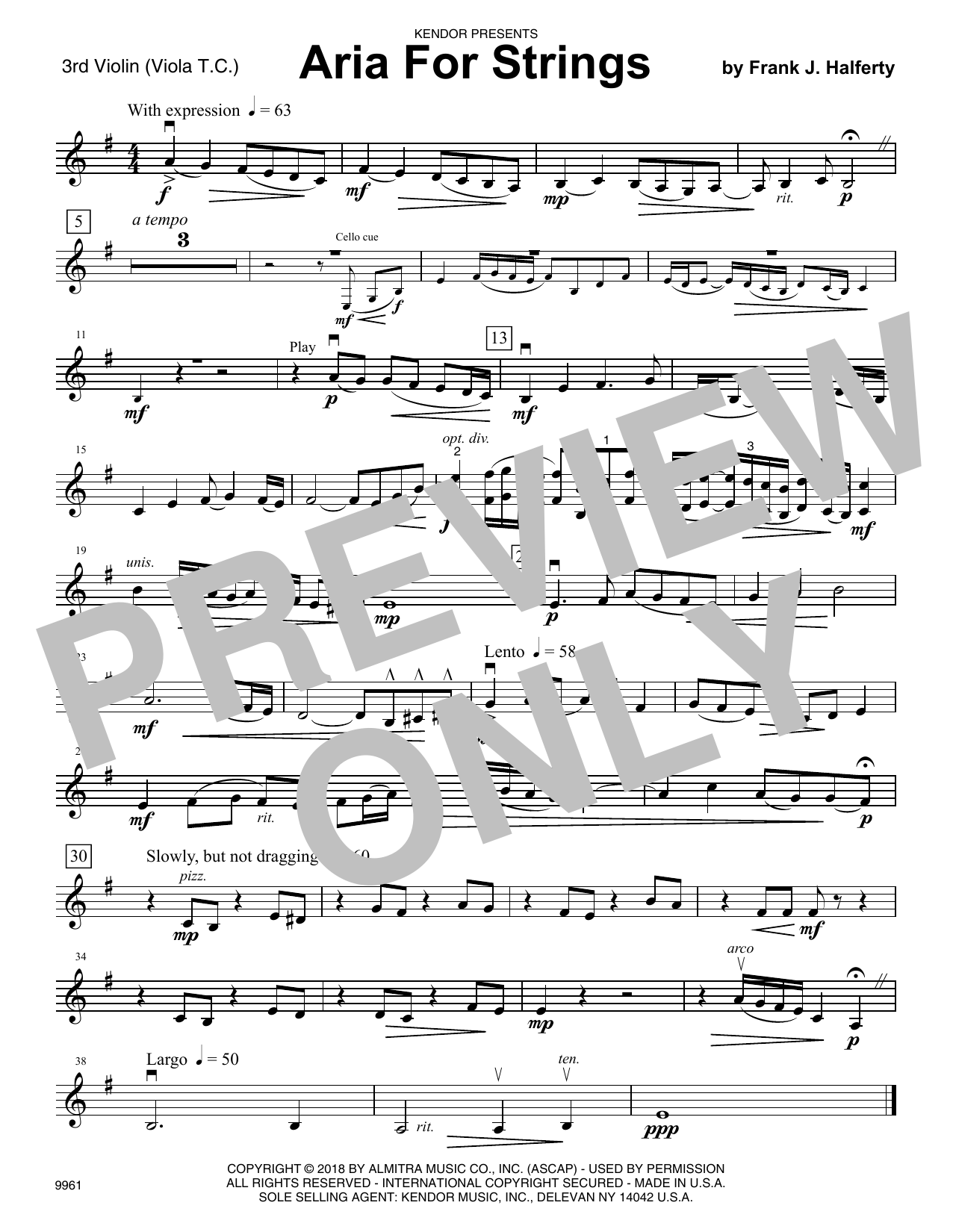 Download Frank J. Halferty Aria For Strings - Violin 3 (Viola T.C. Sheet Music
