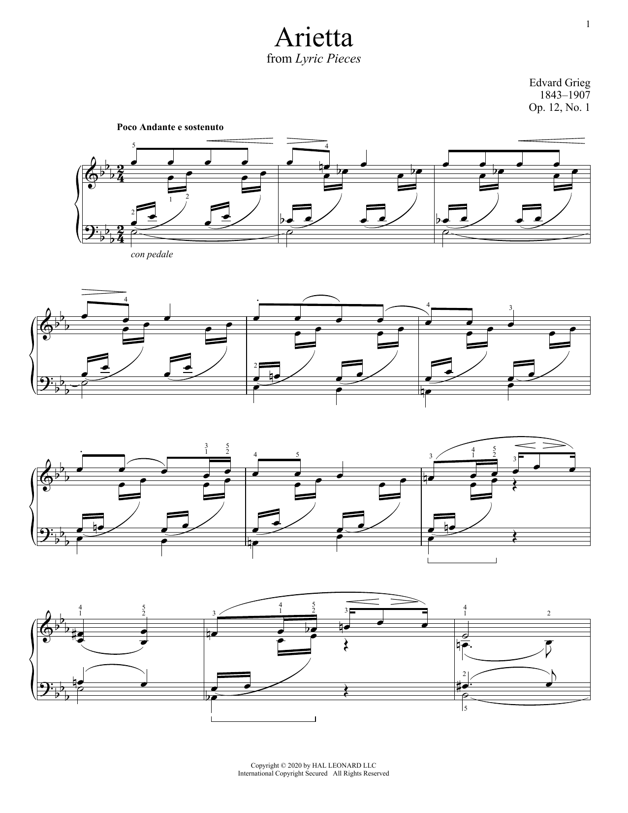 Edvard Grieg Arietta, Op. 12, No. 1 sheet music notes printable PDF score