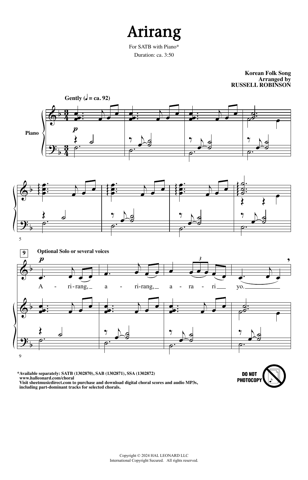 Korean folk song Arirang (arr. Russell Robinson) sheet music notes printable PDF score