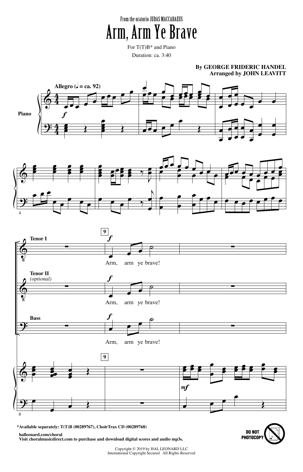 Download George Frideric Handel Arm, Arm Ye Brave (arr. John Leavitt) Sheet Music