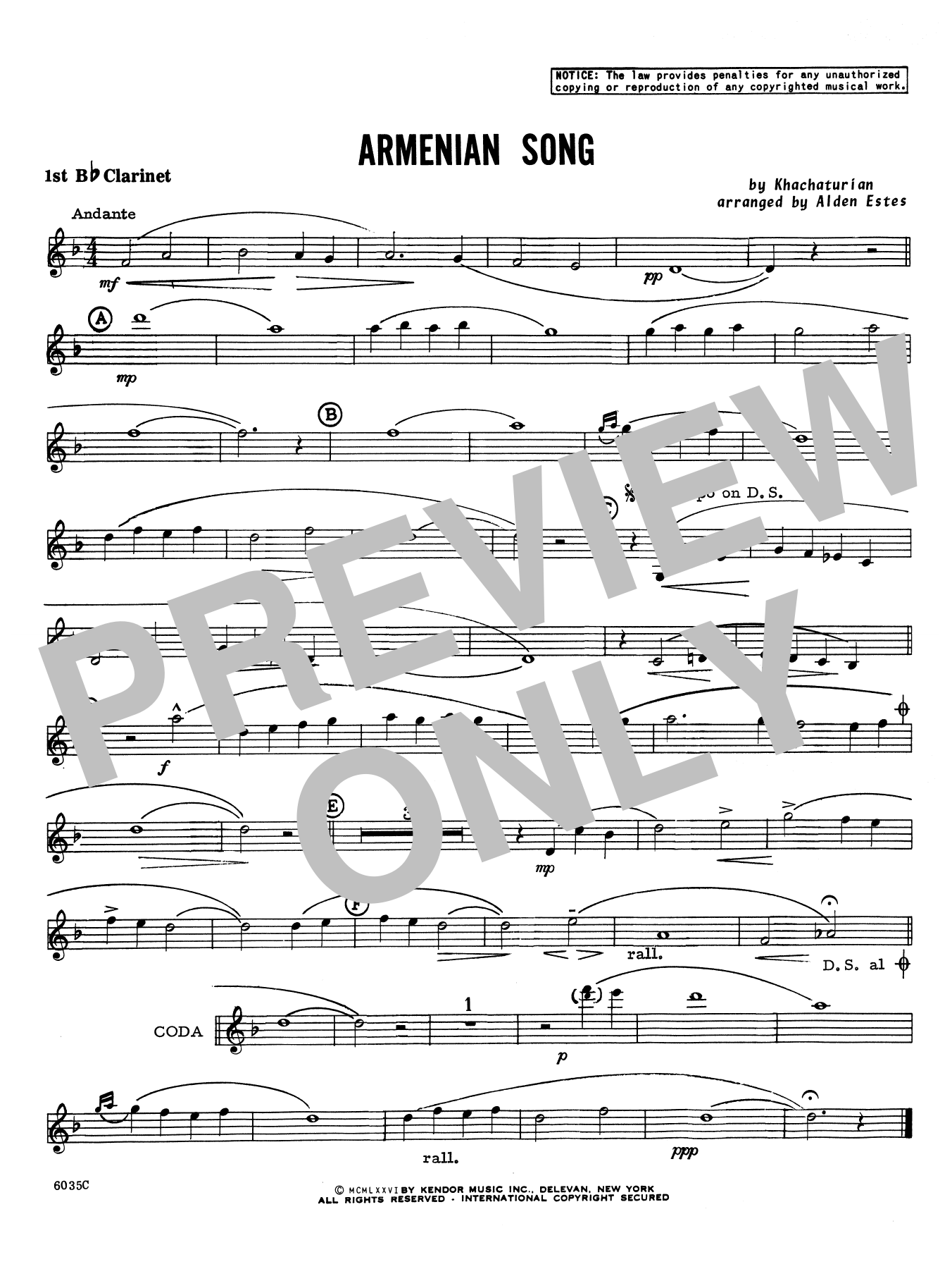 Download Alden Estes Armenian Song - 1st Bb Clarinet Sheet Music