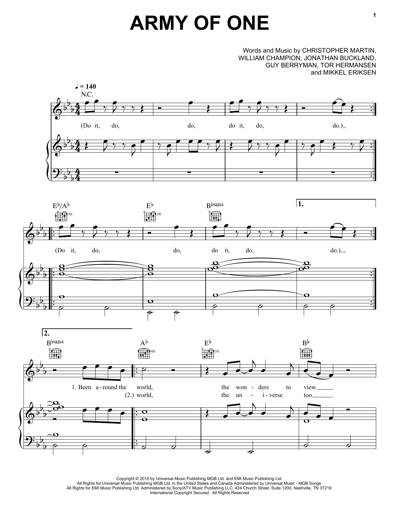 Download Coldplay Army Of One Sheet Music