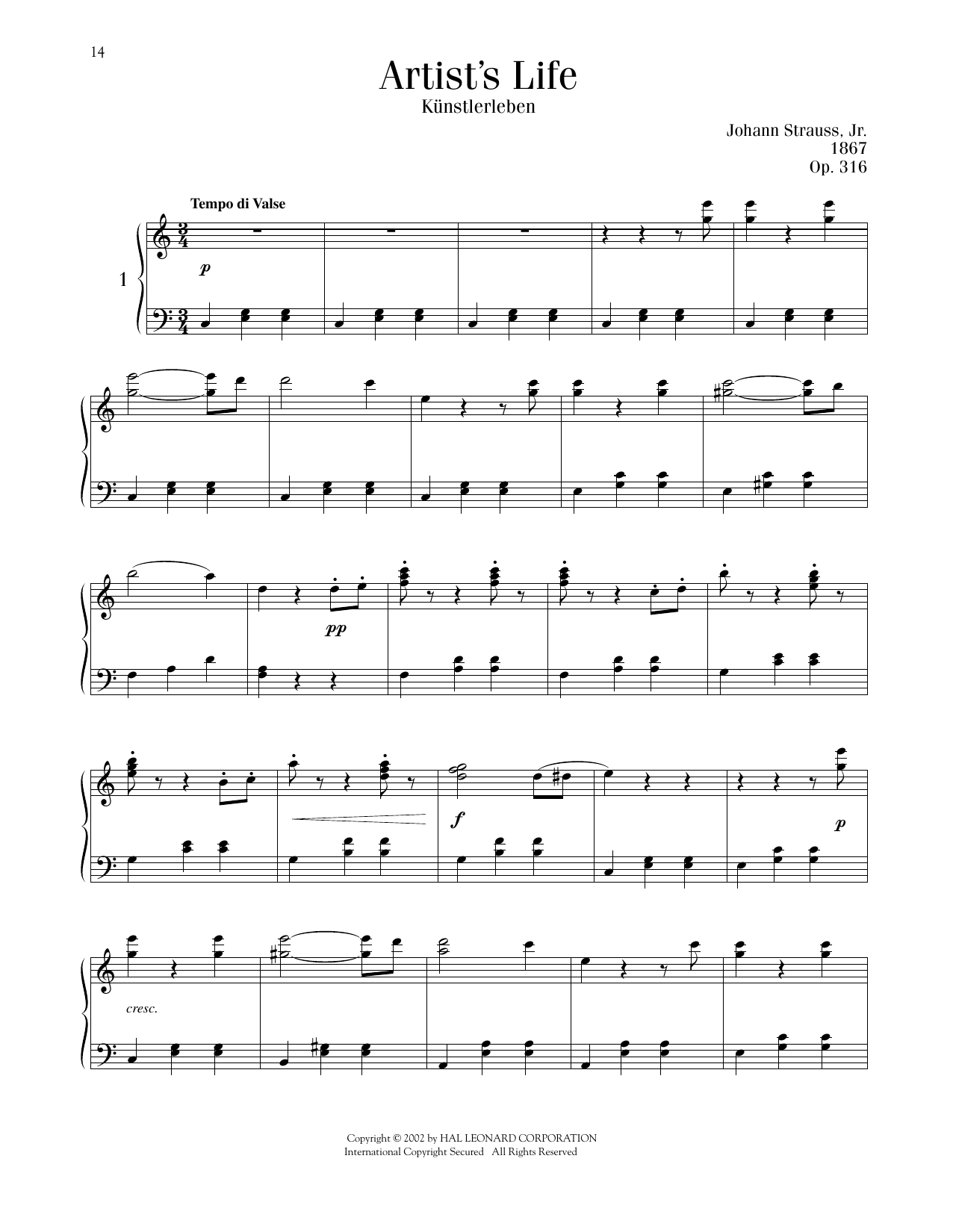 Johann Strauss Artist's Life, Op. 316 sheet music notes printable PDF score