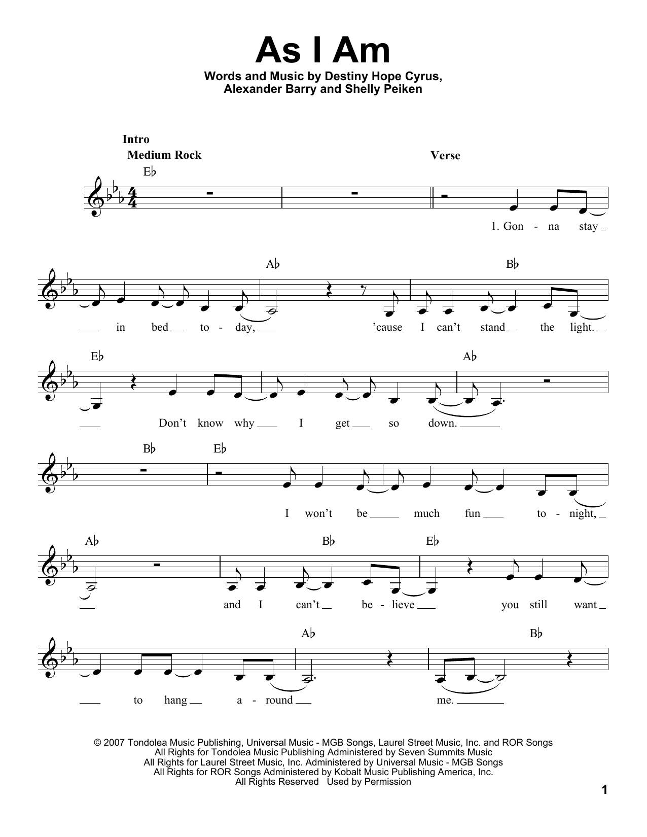 Download Miley Cyrus As I Am Sheet Music