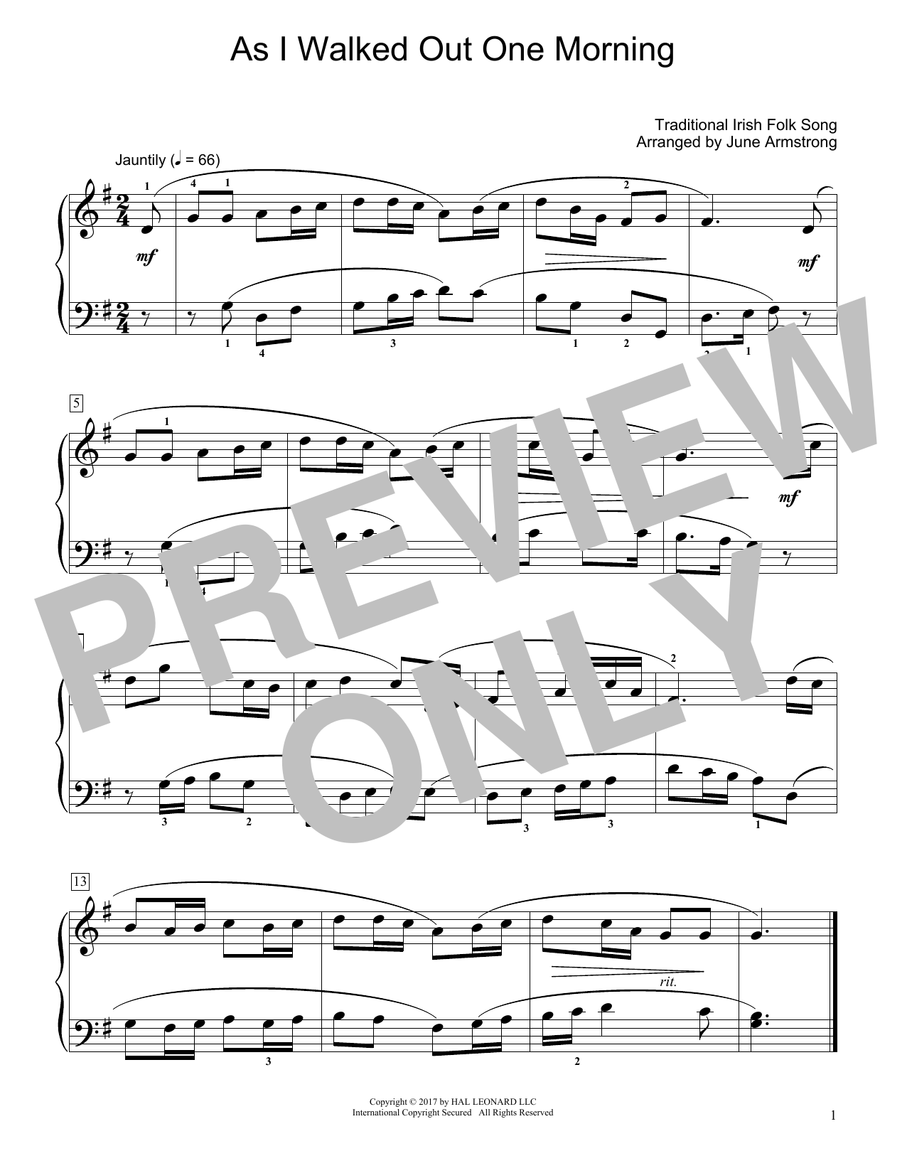 Download Traditional Irish Folk Song As I Walked Out One Morning (arr. June Sheet Music