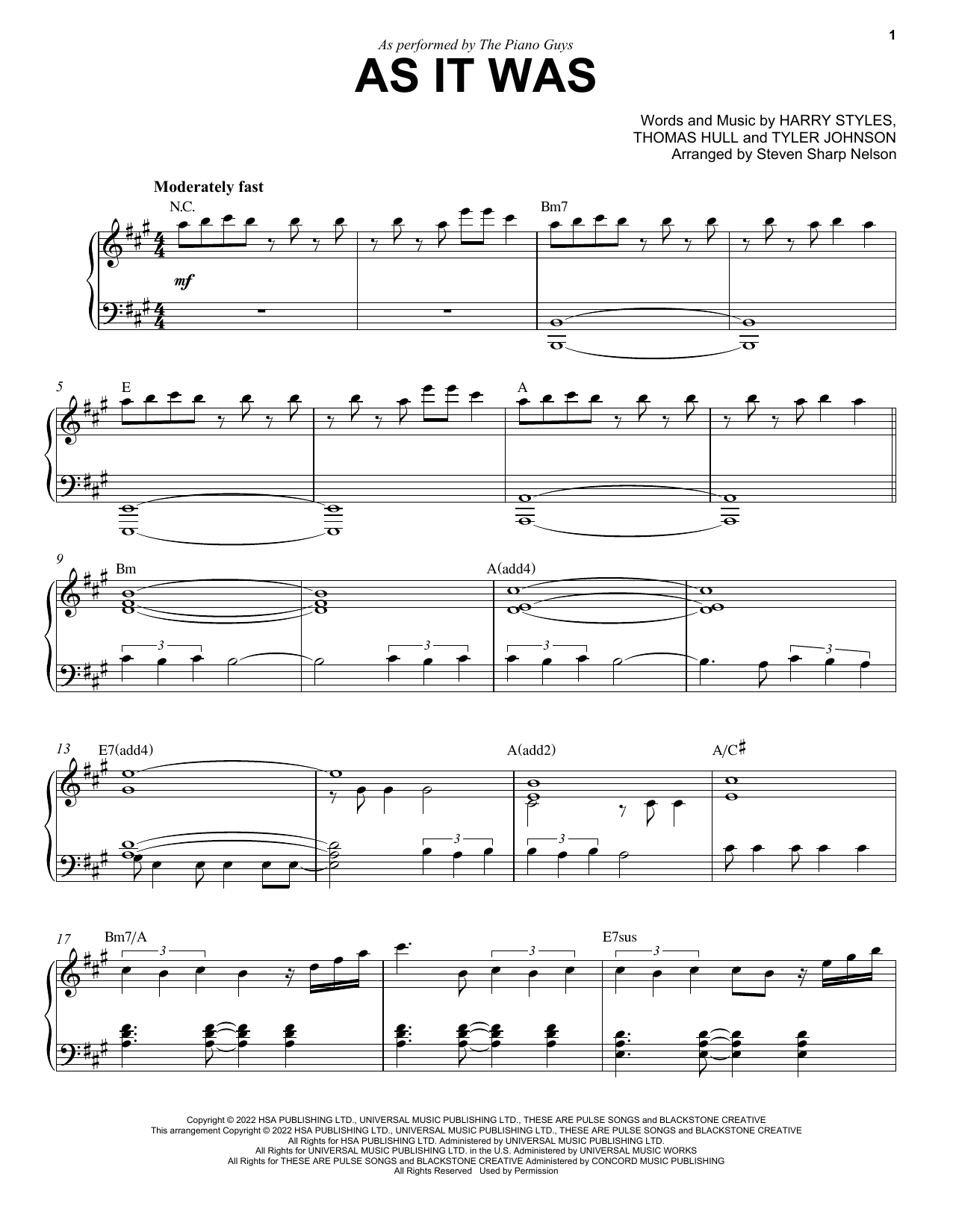 Download The Piano Guys As It Was Sheet Music