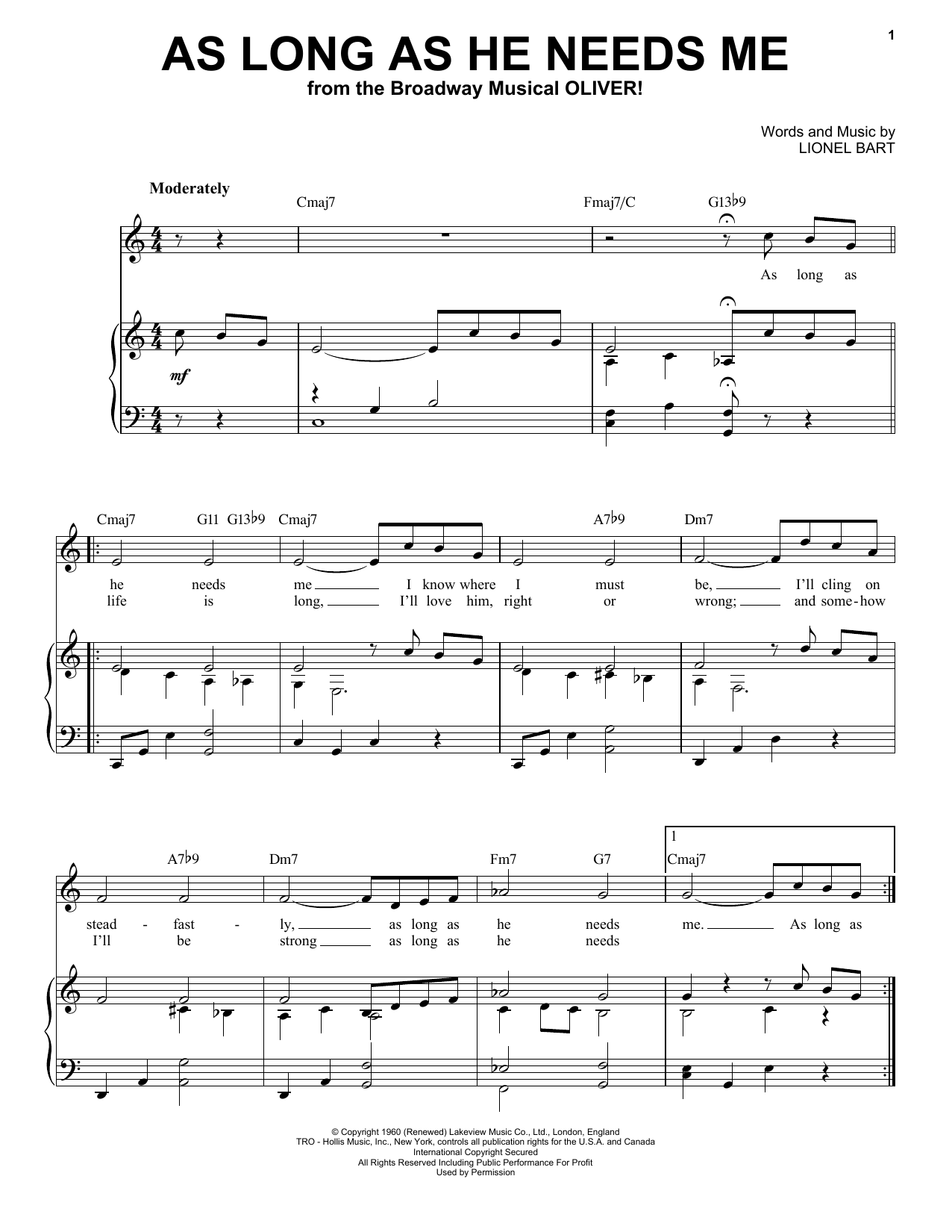 Download Lionel Bart As Long As He Needs Me Sheet Music