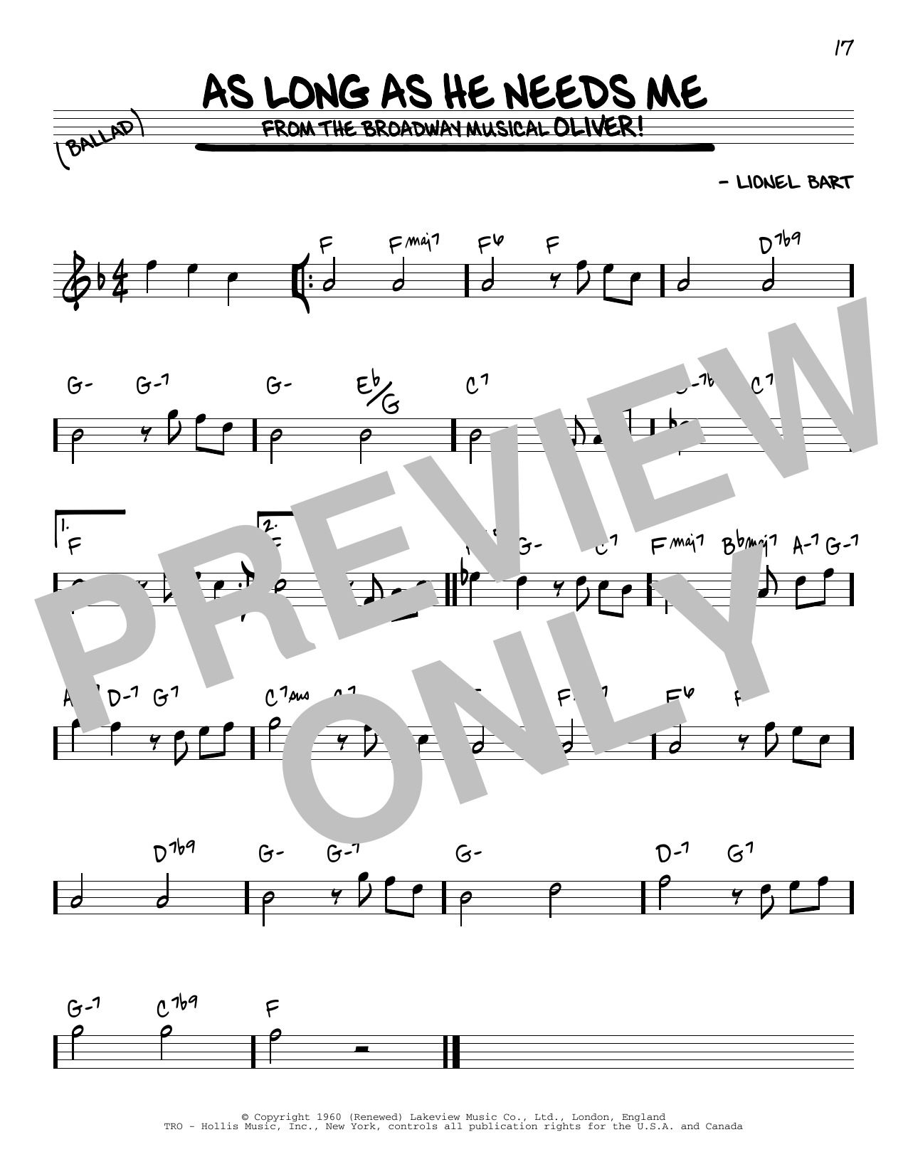 Download Lionel Bart As Long As He Needs Me Sheet Music