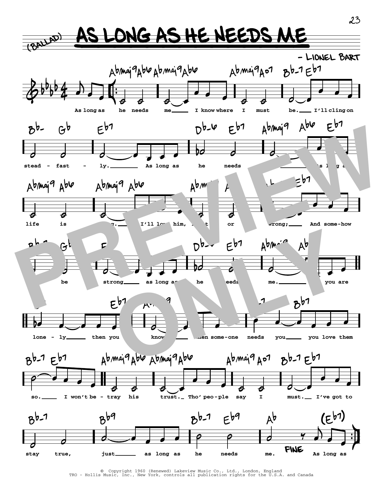 Lionel Bart As Long As He Needs Me (Low Voice) sheet music notes printable PDF score