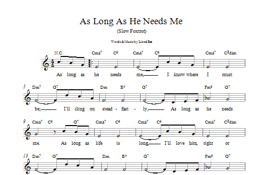 Lionel Bart As Long As He Needs Me sheet music notes printable PDF score