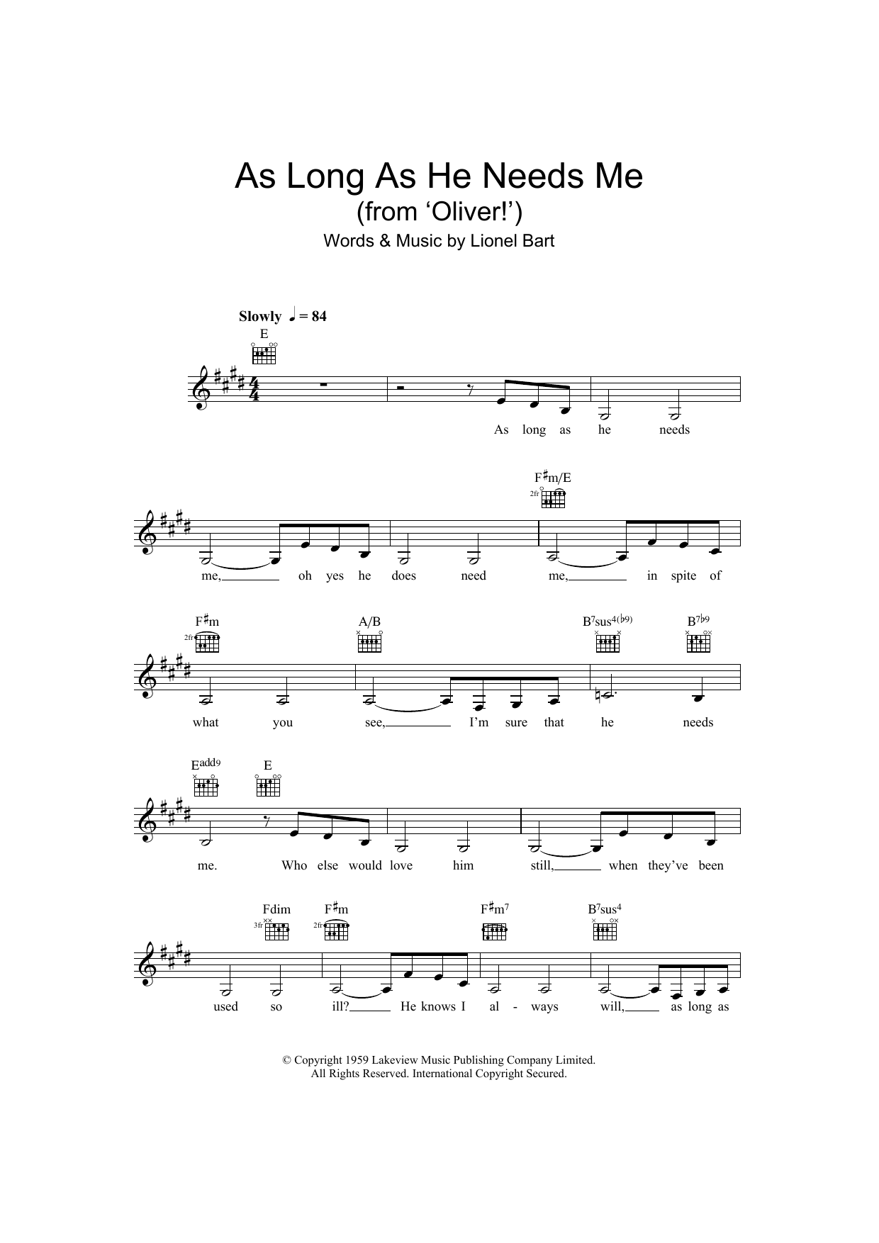 Download Lionel Bart As Long As He Needs Me (from Oliver!) Sheet Music