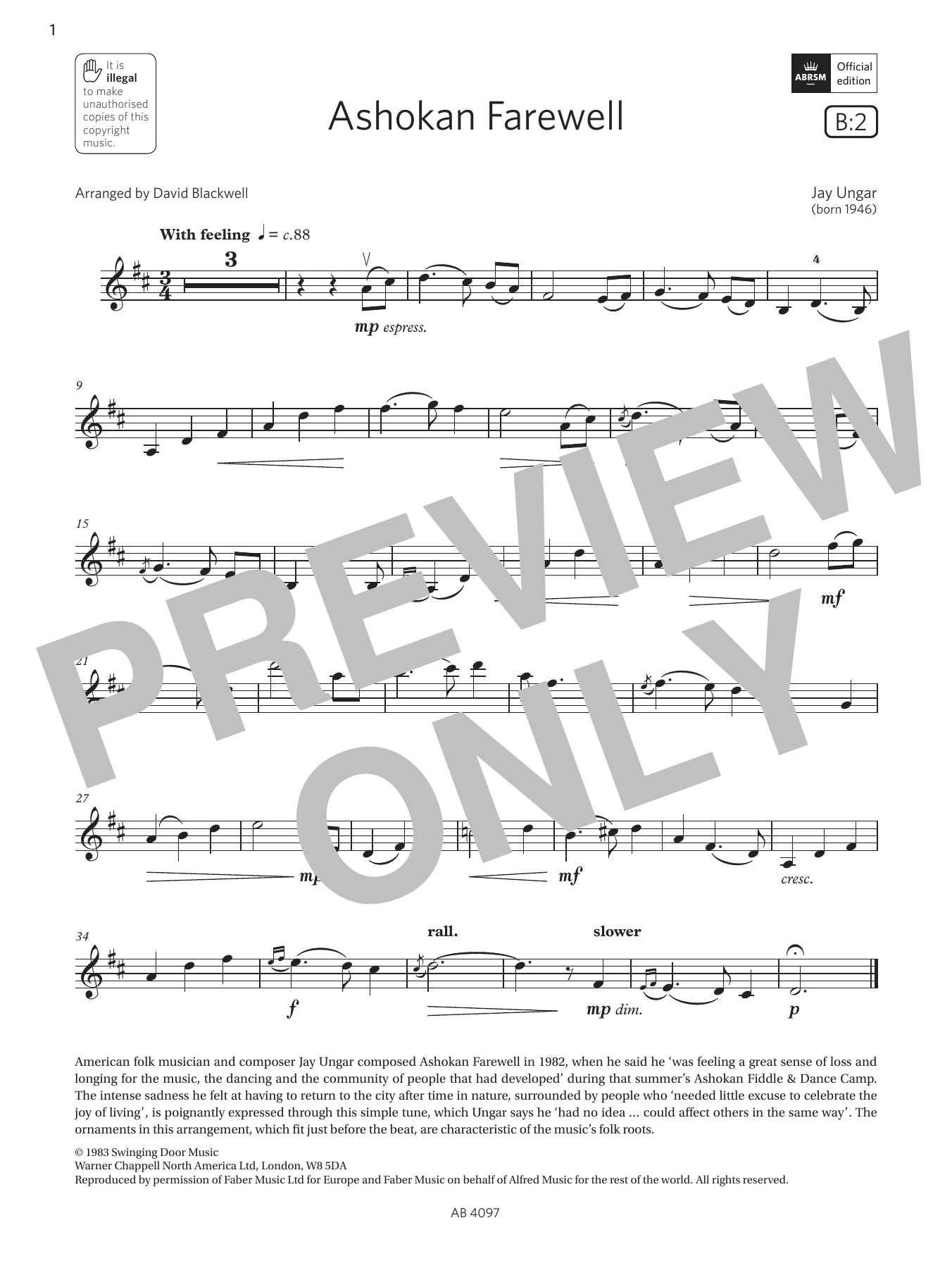 Download Jay Ungar Ashokan Farewell (Grade 3, B2, from the Sheet Music