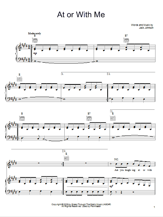 Download Jack Johnson At Or With Me Sheet Music