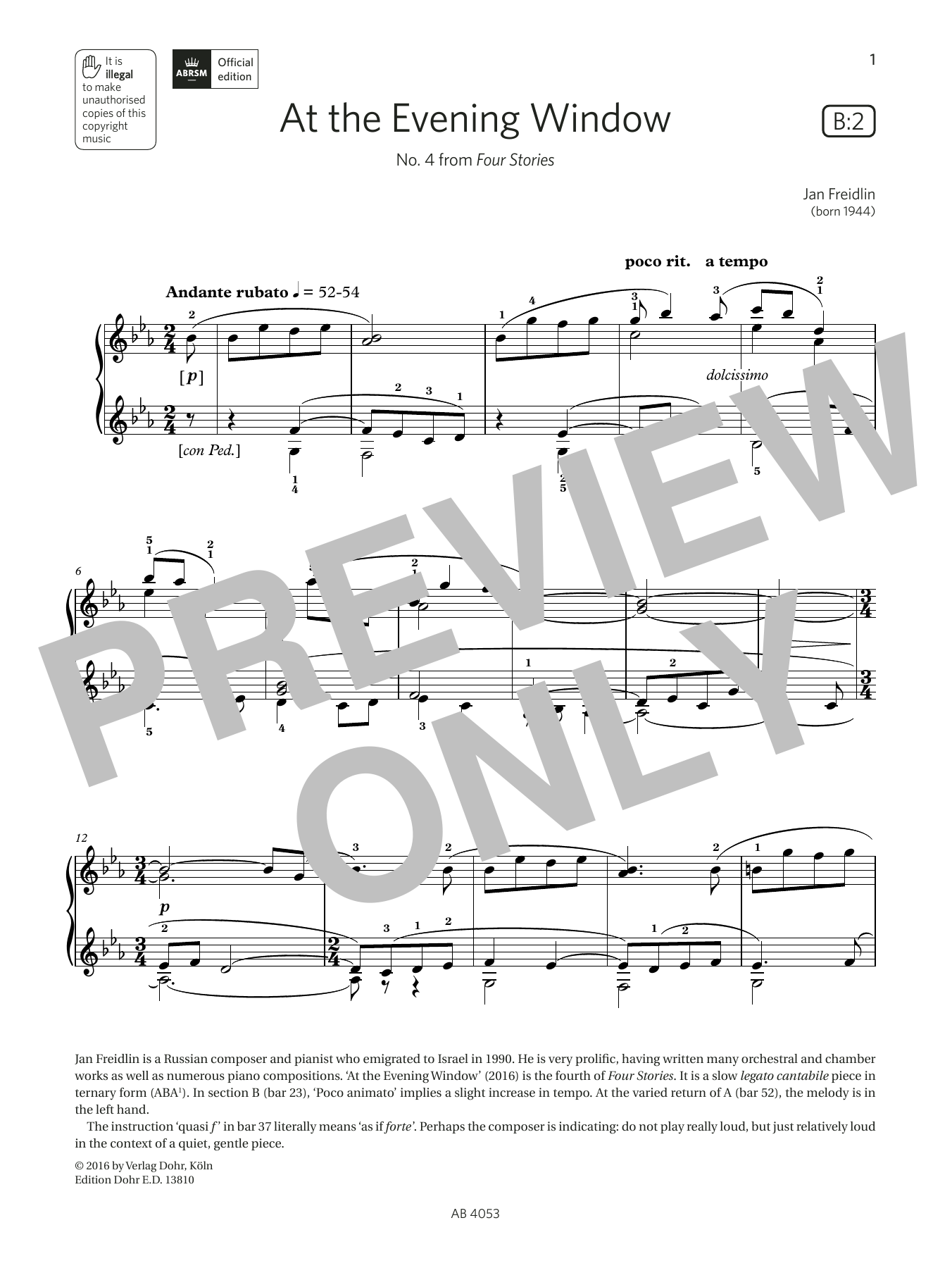 Download Jan Freidlin At the Evening Window (Grade 7, list B2 Sheet Music