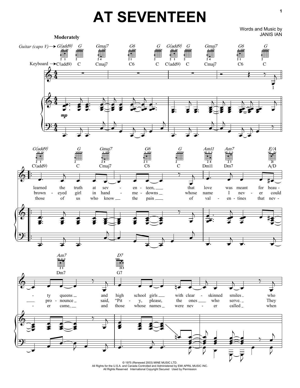 Janis Ian At Seventeen sheet music notes printable PDF score