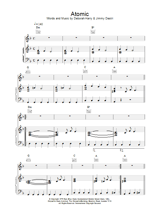Blondie Atomic sheet music notes printable PDF score