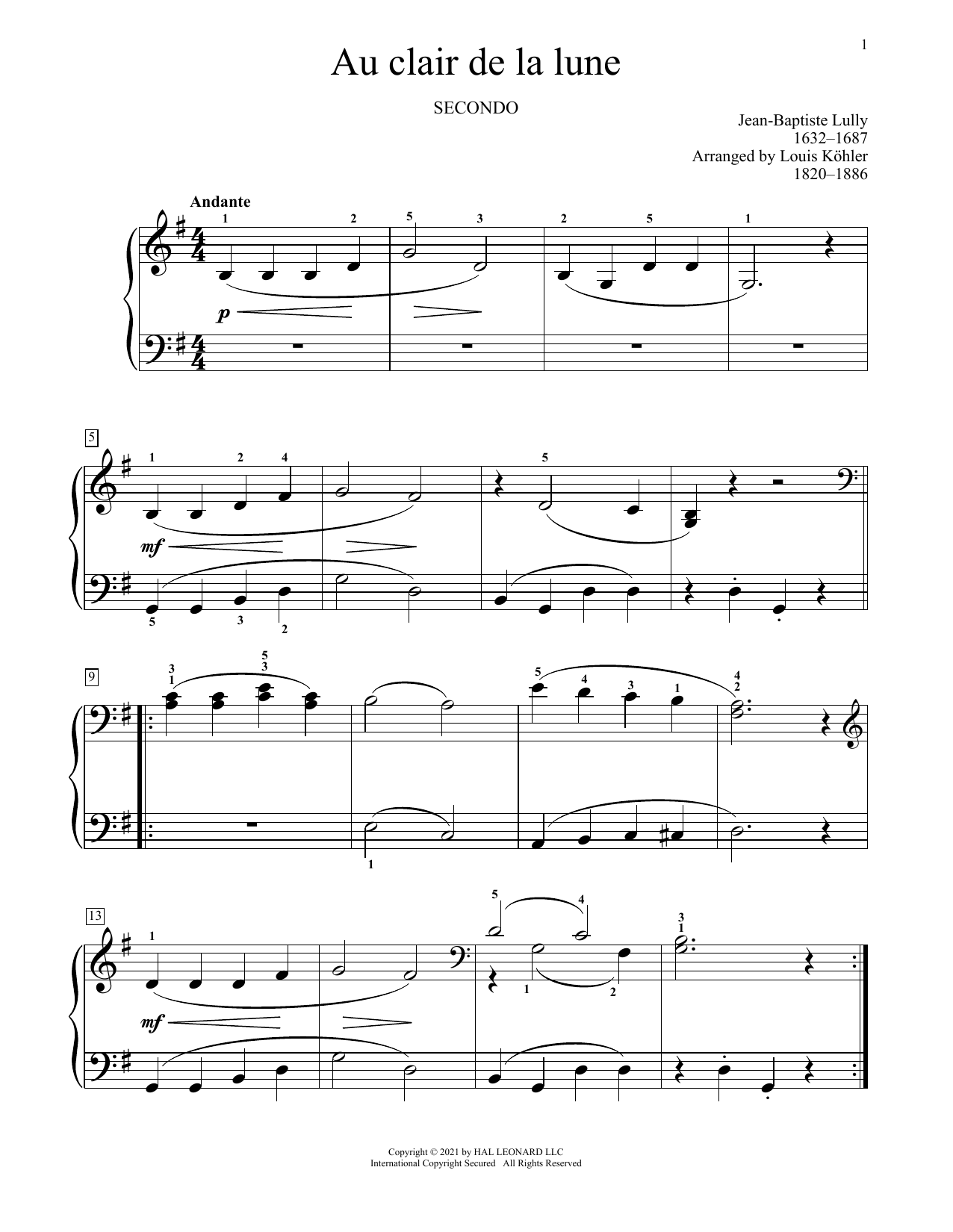 Download Jean-Baptiste Lully Au Clair De La Lune Sheet Music