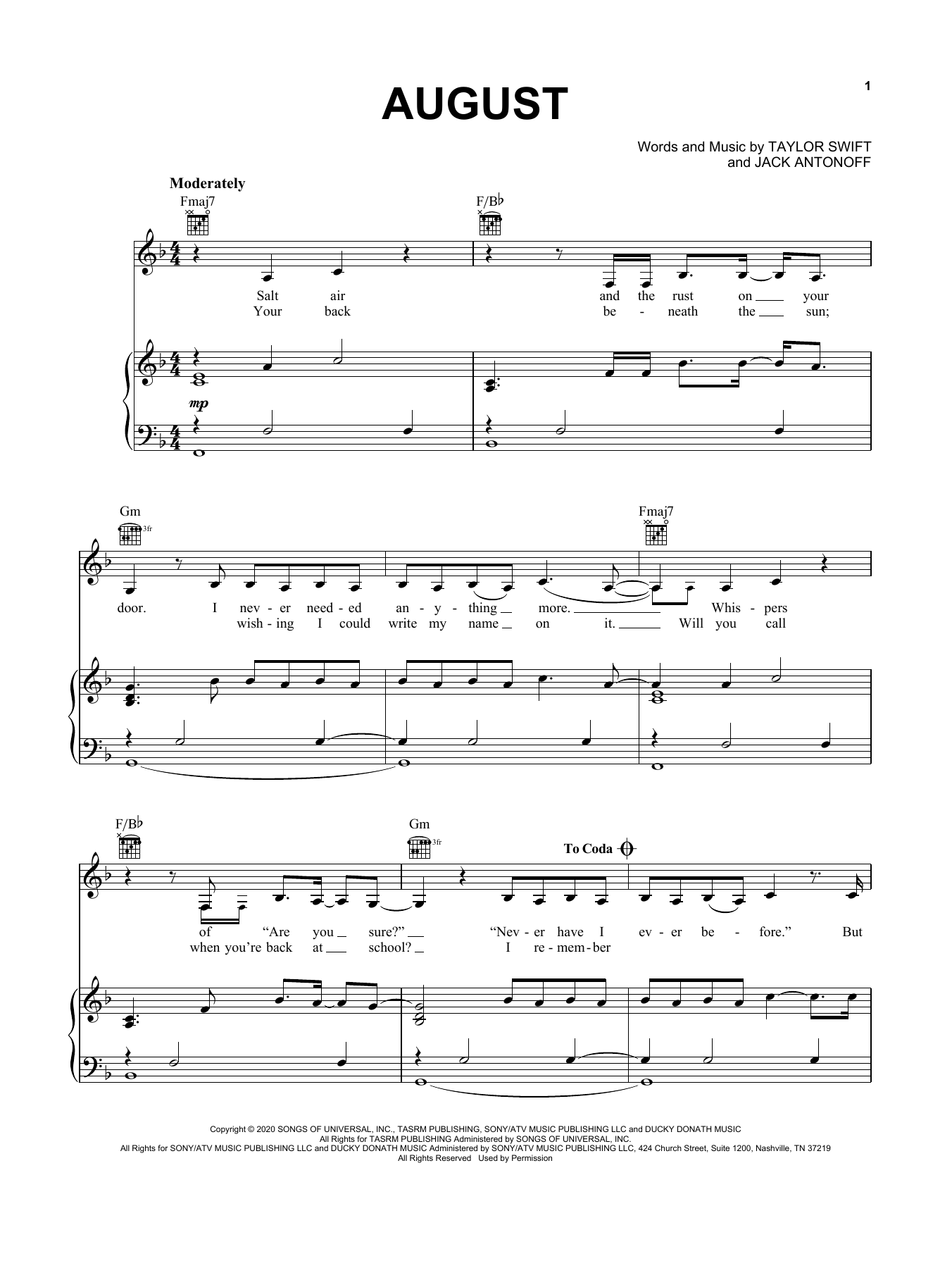 Download Taylor Swift august Sheet Music