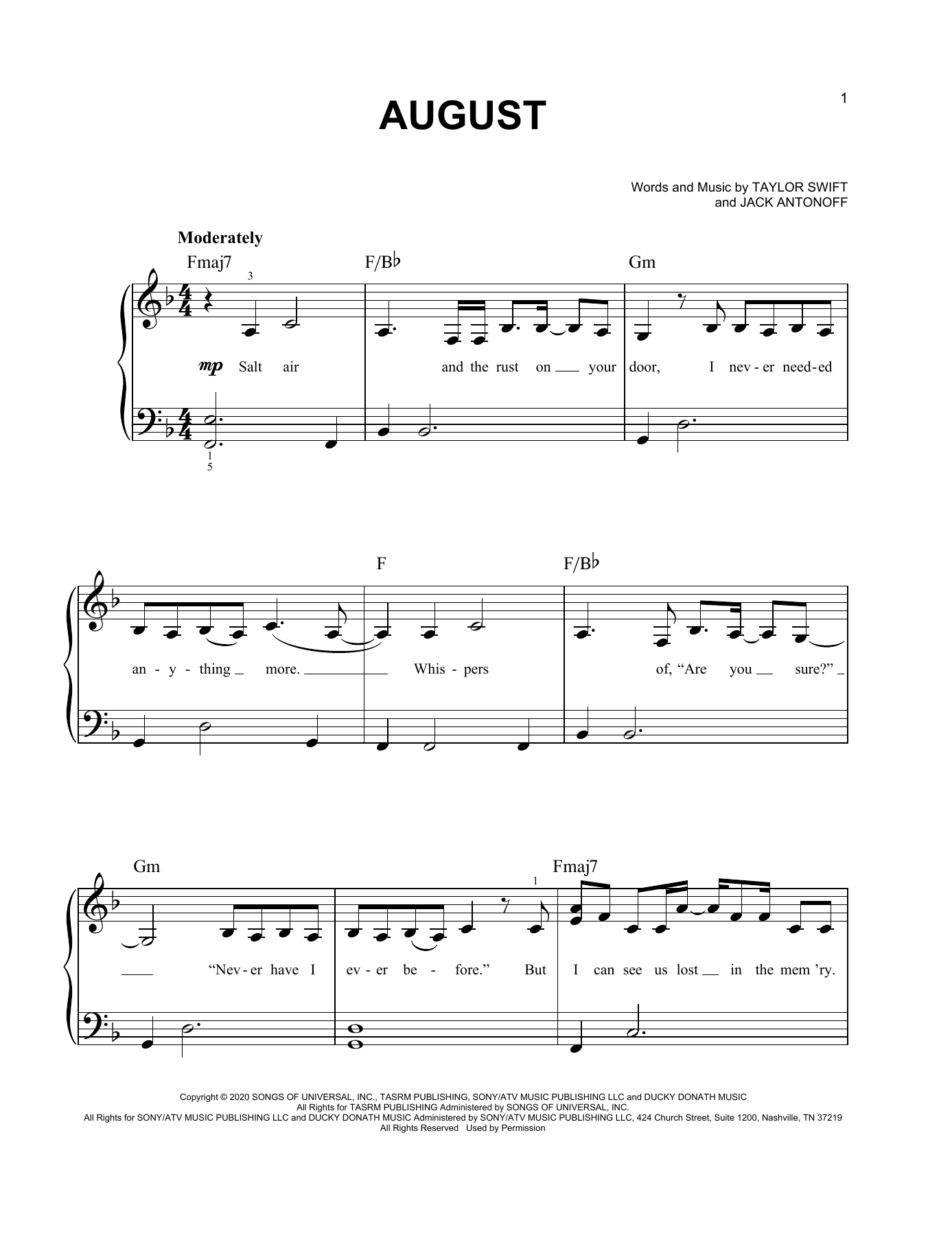Download Taylor Swift august Sheet Music