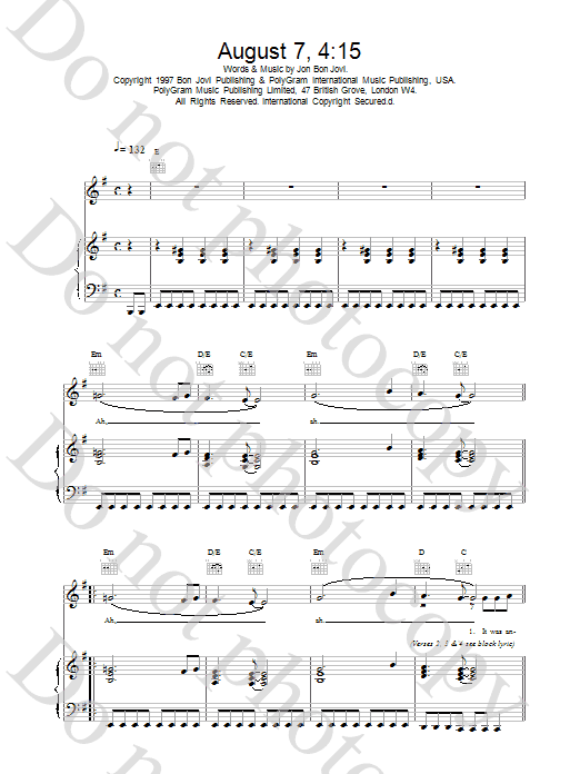 Jon Bon Jovi August 7, 4:15 sheet music notes printable PDF score