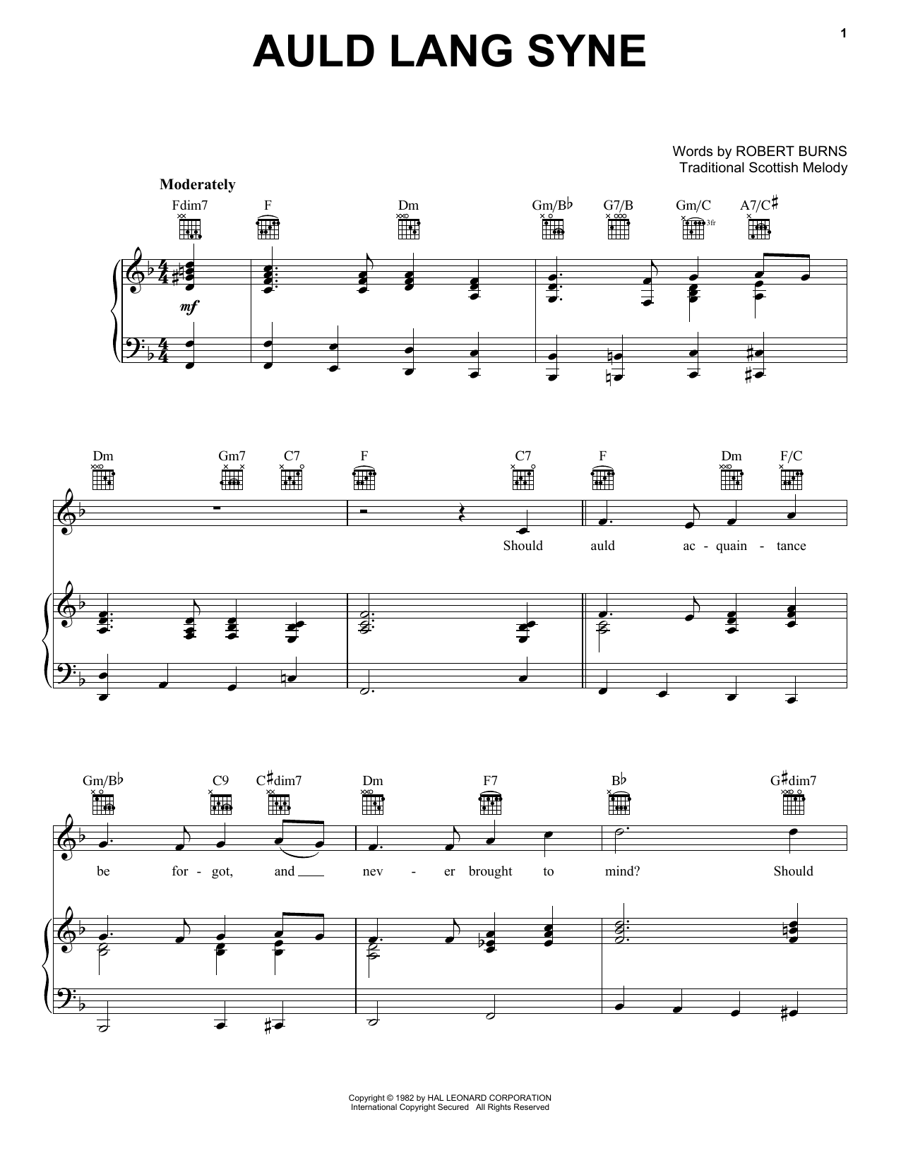 Robert Burns Auld Lang Syne sheet music notes printable PDF score
