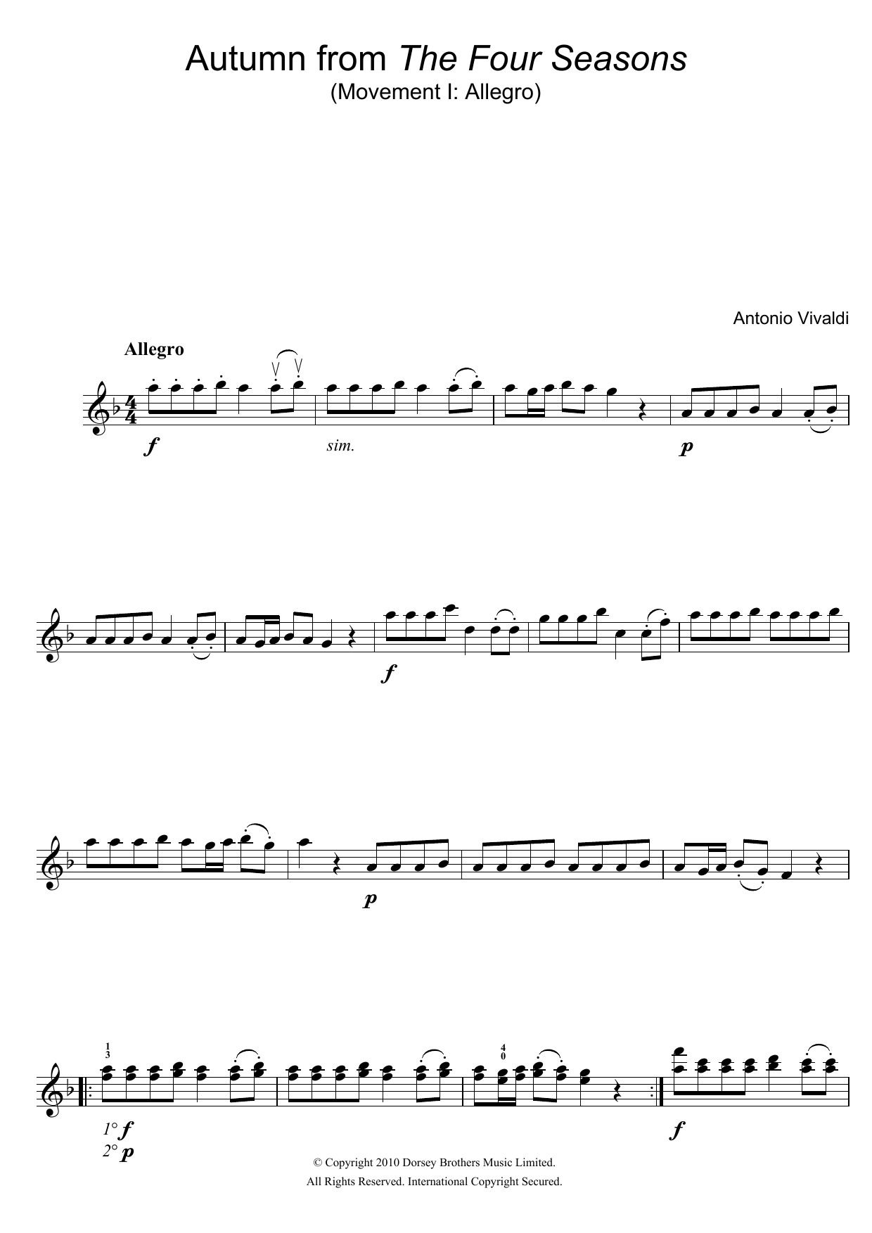 Download Antonio Vivaldi Autumn (from The Four Seasons), 1st Mov Sheet Music