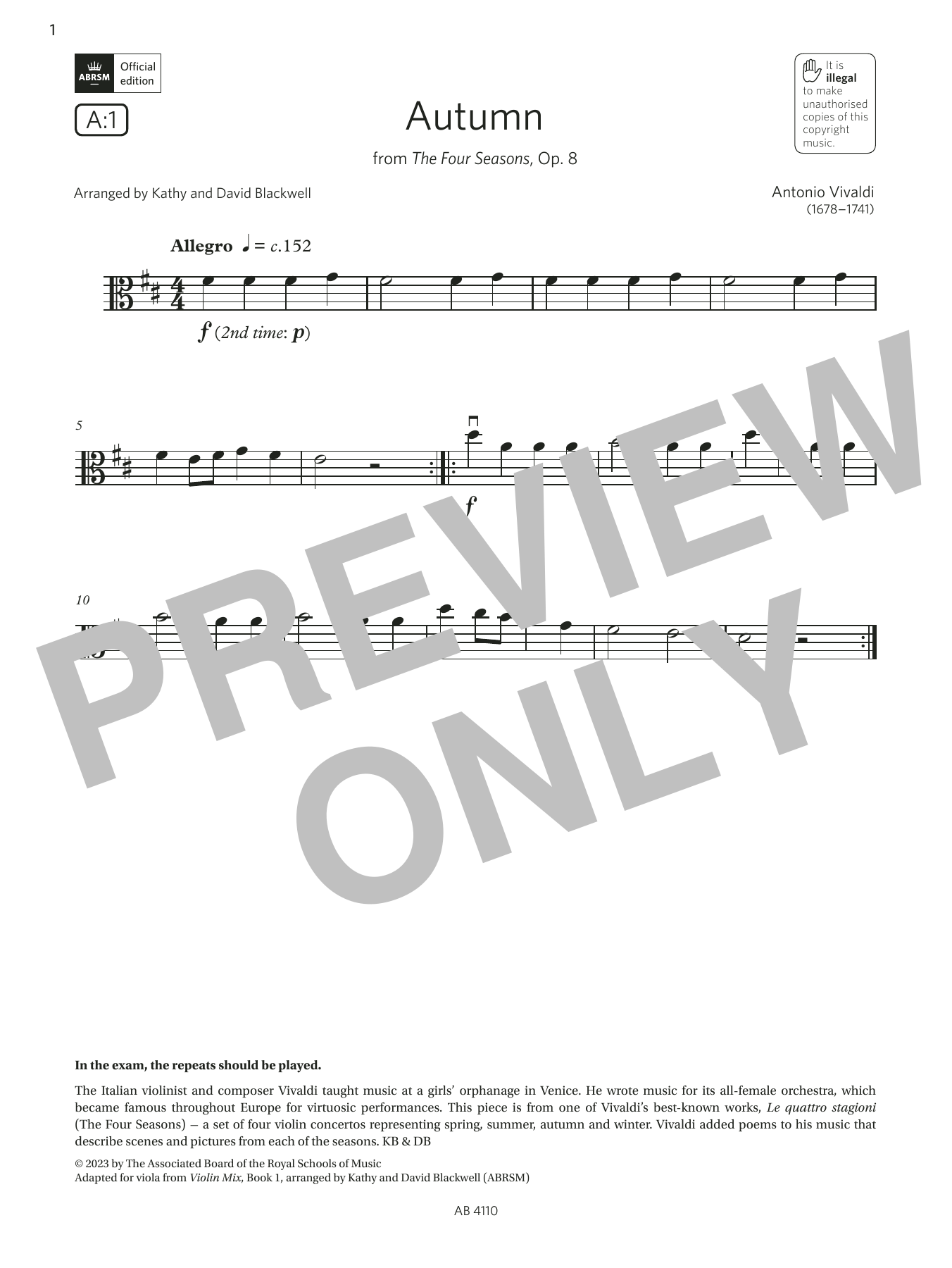 Download Antonio Vivaldi Autumn (Grade Initial, A1, from the ABR Sheet Music