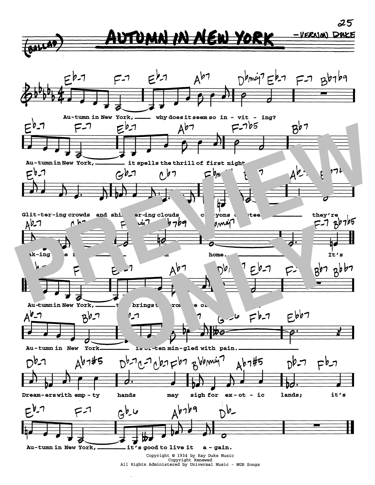 Vernon Duke Autumn In New York (Low Voice) sheet music notes printable PDF score