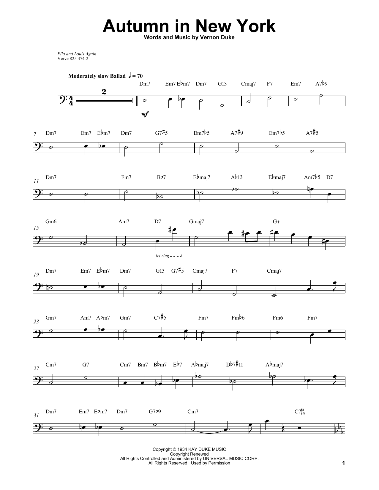 Ray Brown Autumn In New York sheet music notes printable PDF score