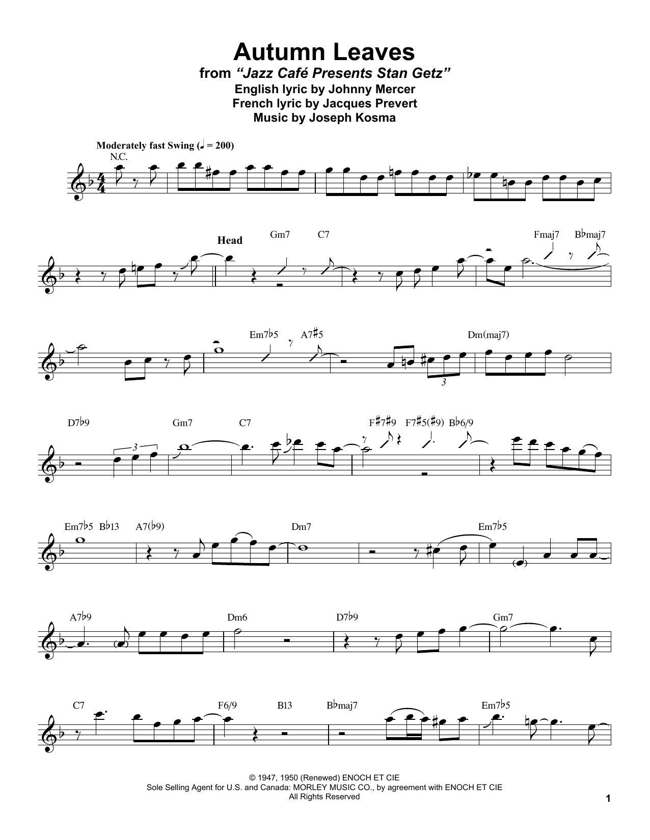 Stan Getz Autumn Leaves sheet music notes printable PDF score