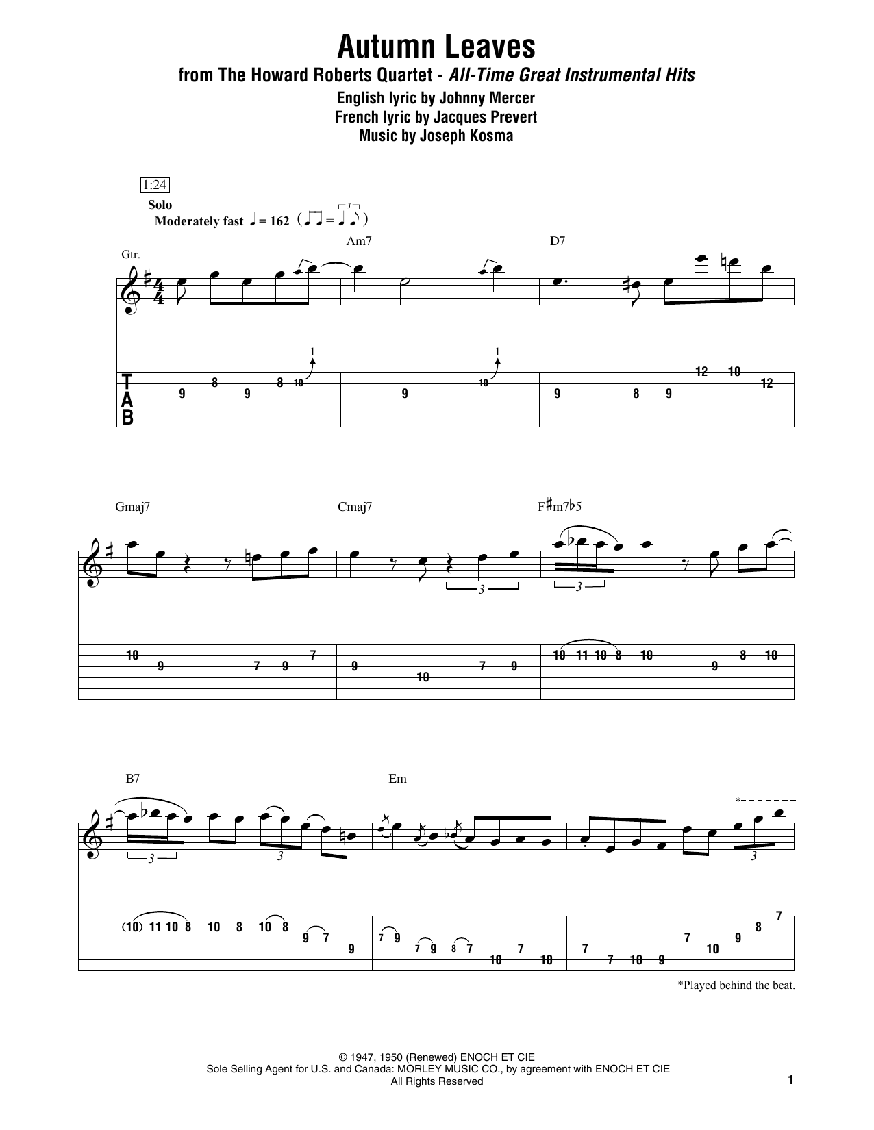 The Howard Roberts Quartet Autumn Leaves sheet music notes printable PDF score