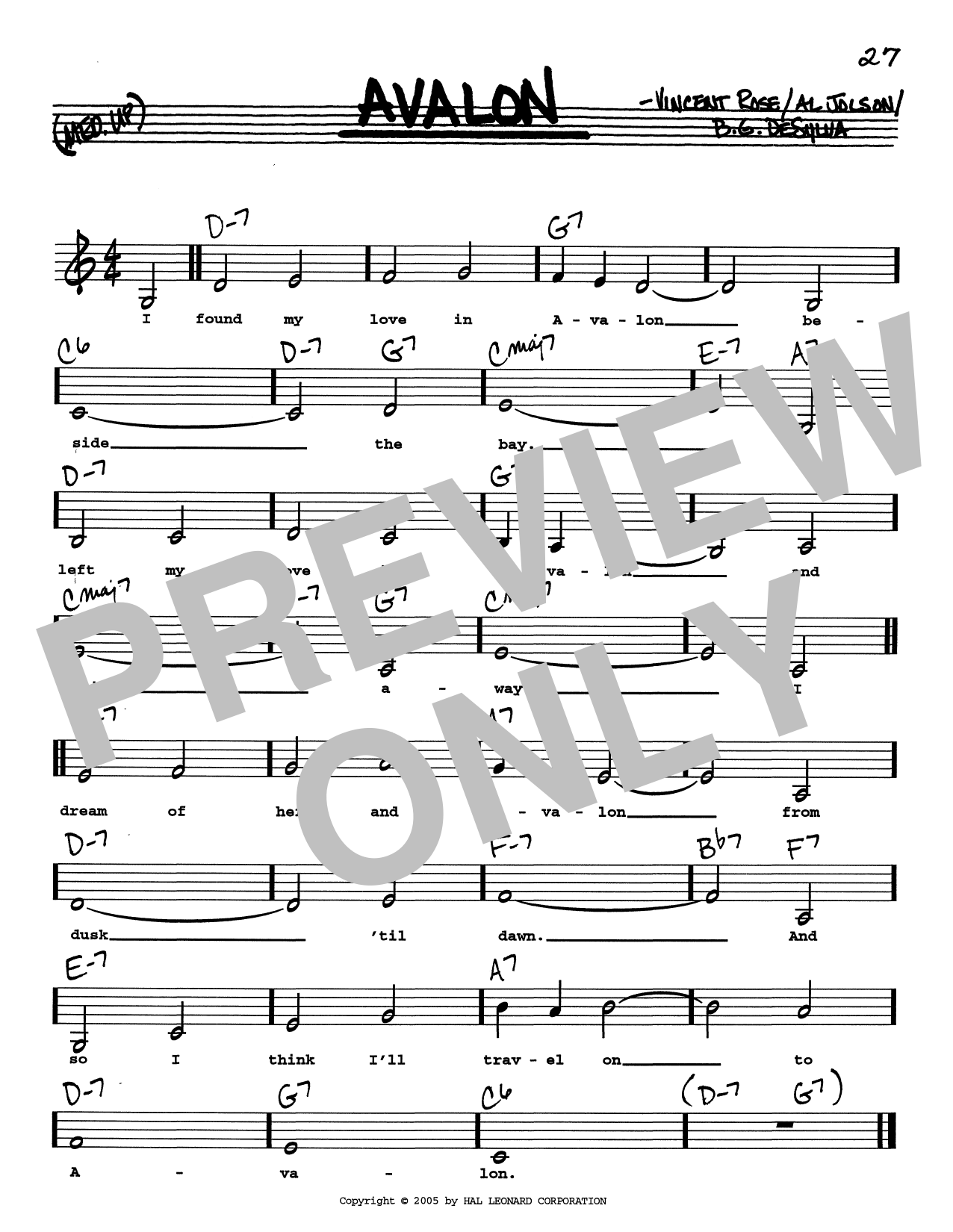 Al Jolson Avalon (Low Voice) sheet music notes printable PDF score
