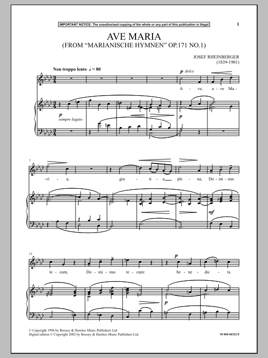 Download Josef Rheinberger Ave Maria, Op.171, No.1 (from Marianisc Sheet Music